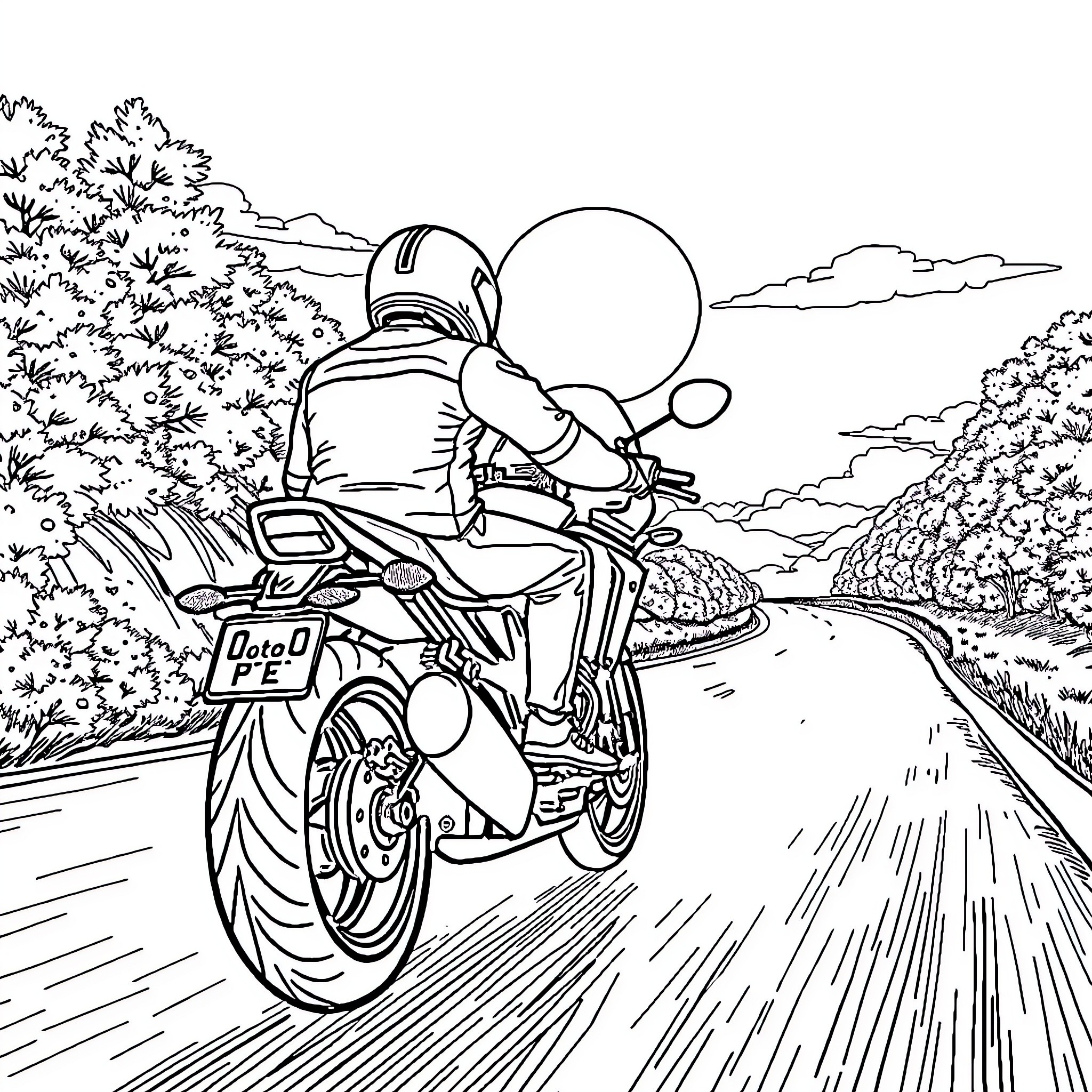 Moto rider speeding along the rural road Coloring Page (free black-and-white line drawing printable PDF for all, from beginners to advanced learners, including children, teens, adults, and seniors)