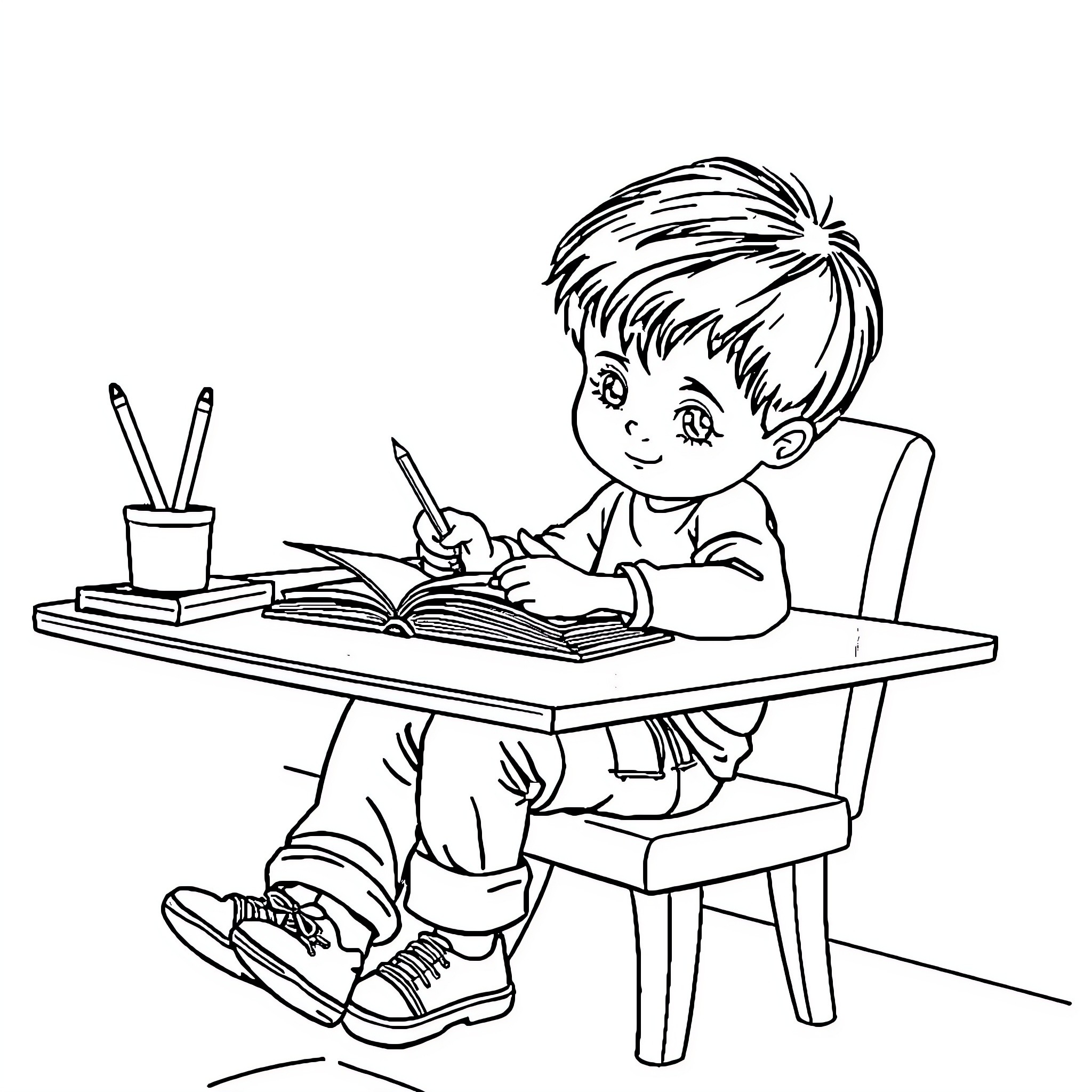 Child diligently studying at desk Coloring Page (free black-and-white line drawing printable PDF for all, from beginners to advanced learners, including children, teens, adults, and seniors)