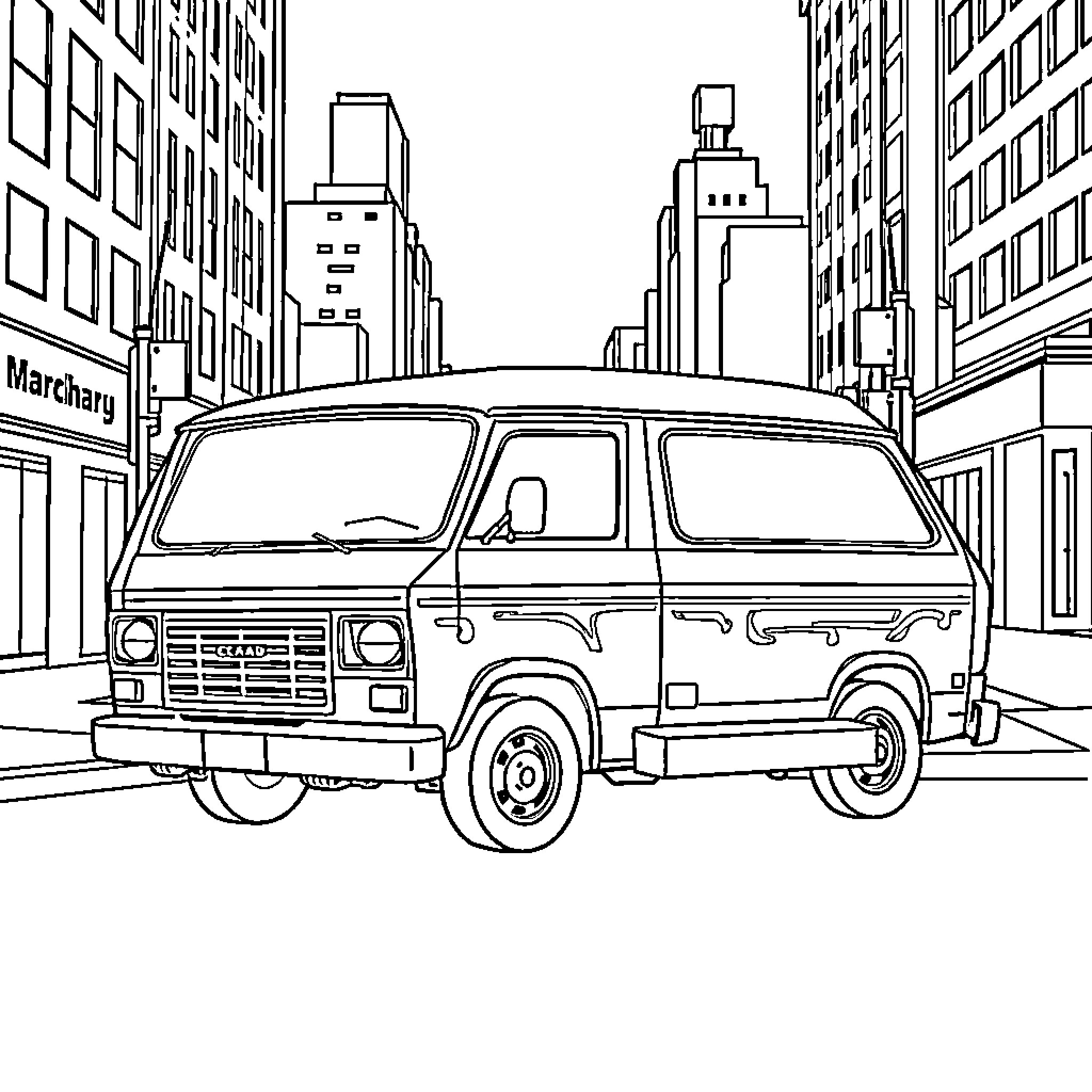 Van driving along city streets Coloring Page (free black-and-white line drawing printable PDF for all, from beginners to advanced learners, including children, teens, adults, and seniors)