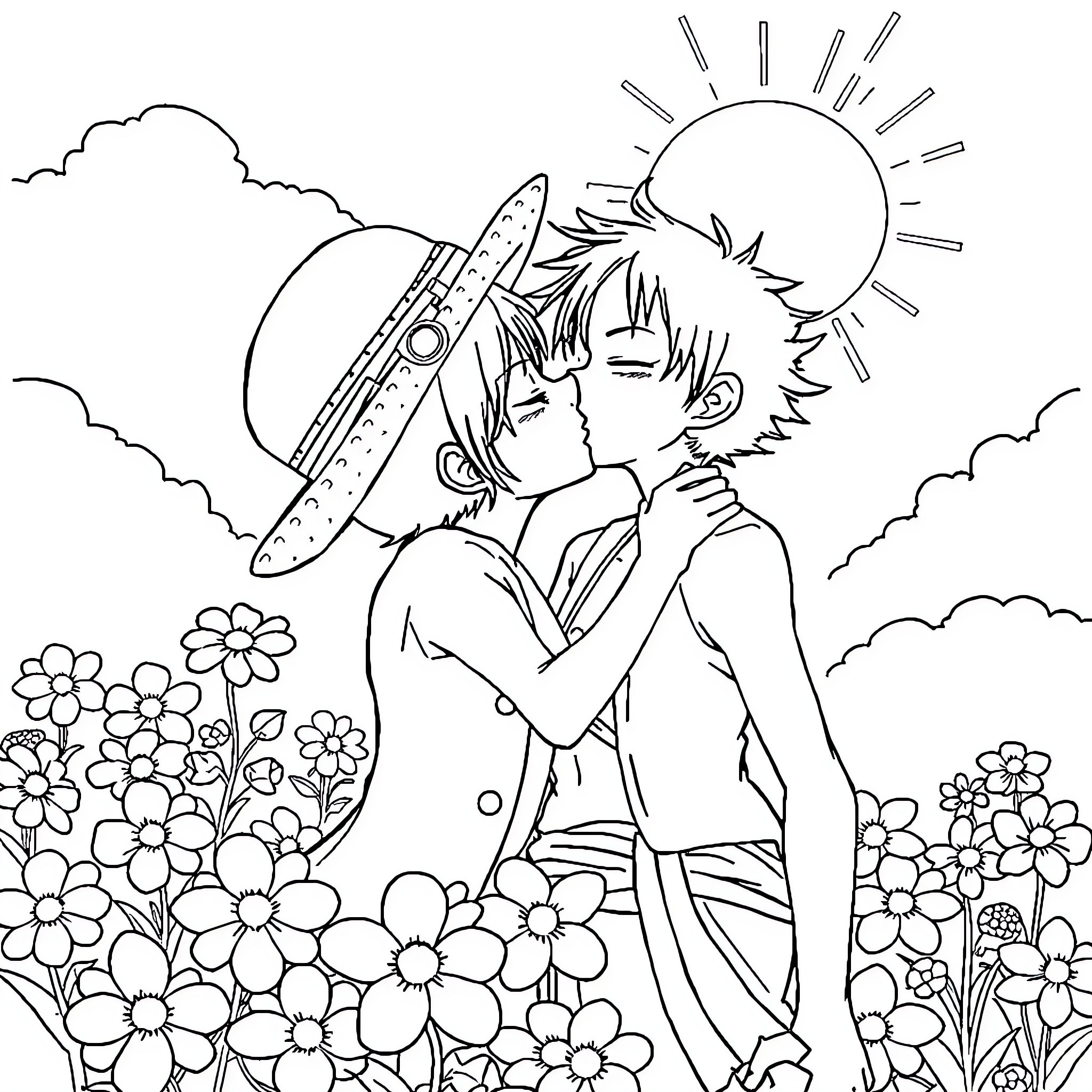 Luffy enjoying nature's beauty on a sunny day Coloring Page (free black-and-white line drawing printable PDF for all, from beginners to advanced learners, including children, teens, adults, and seniors)