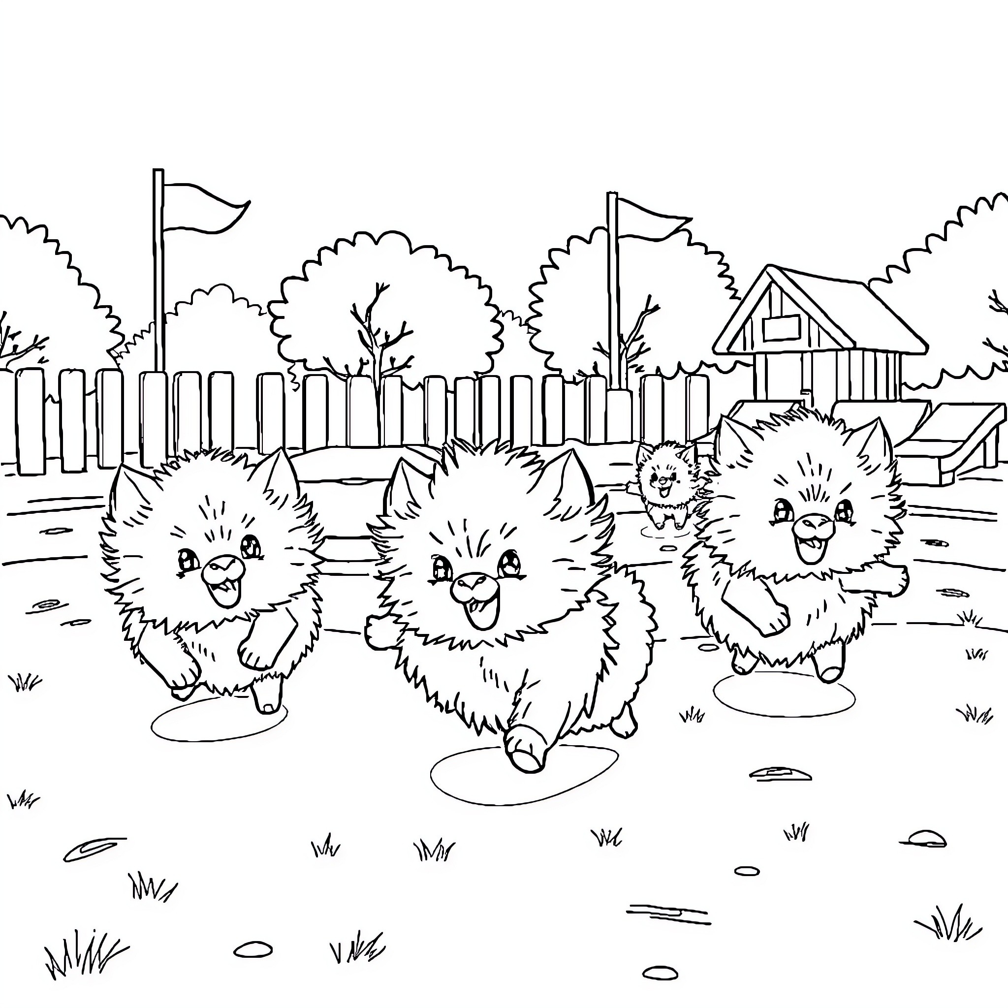 Fluff Ball Pals Frolicking in the Yard Coloring Page (free black-and-white line drawing printable PDF for all, from beginners to advanced learners, including children, teens, adults, and seniors)