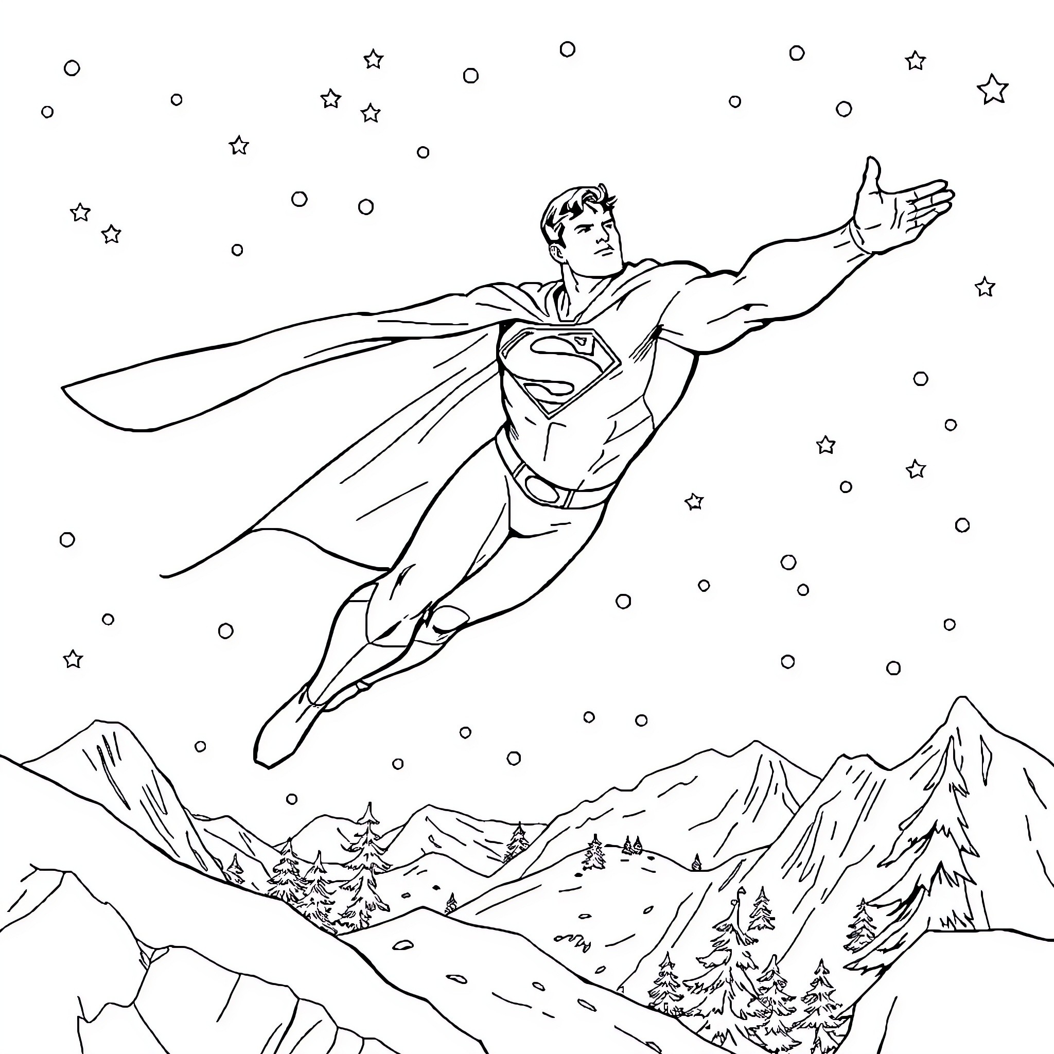 Superman soaring through the starry night sky Coloring Page (free black-and-white line drawing printable PDF for all, from beginners to advanced learners, including children, teens, adults, and seniors)