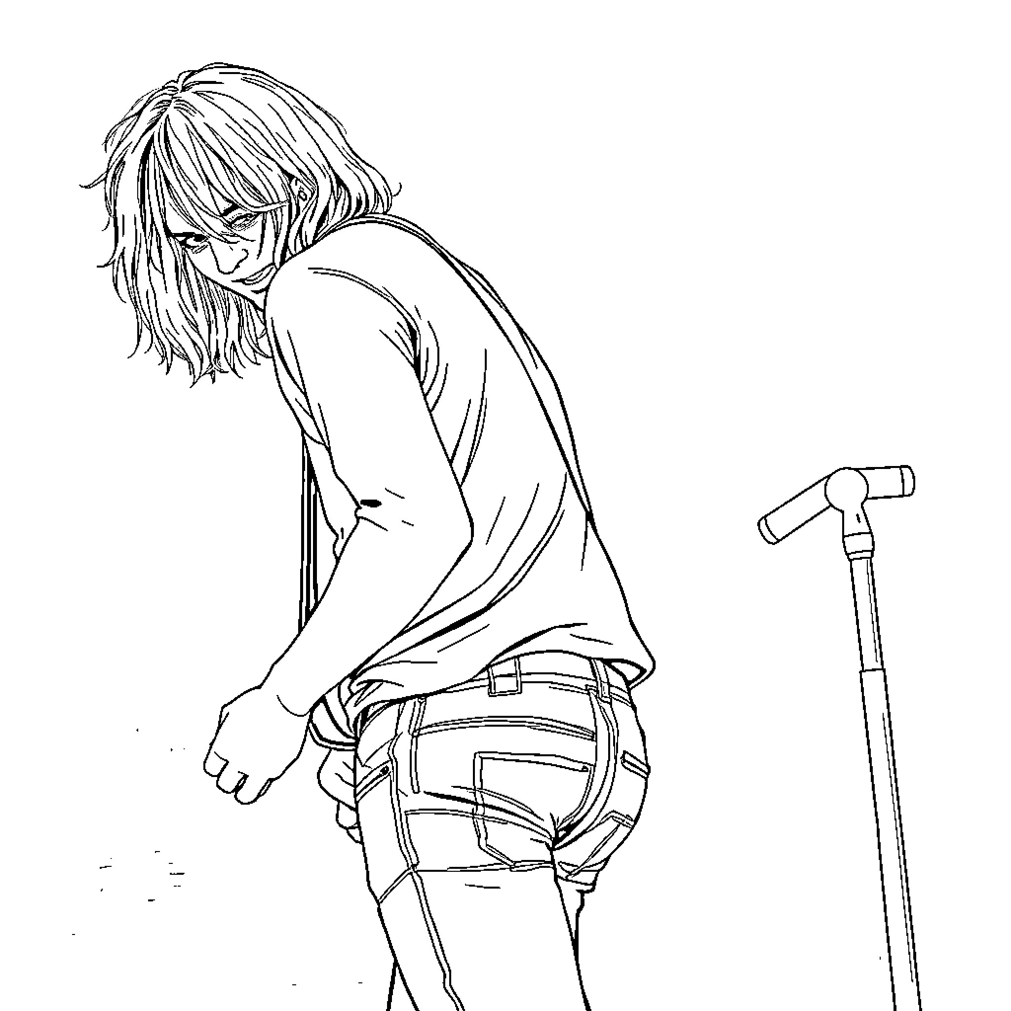 Kurt Cobain Performing on Stage with Guitar Coloring Page (free black-and-white line drawing printable PDF for all, from beginners to advanced learners, including children, teens, adults, and seniors)