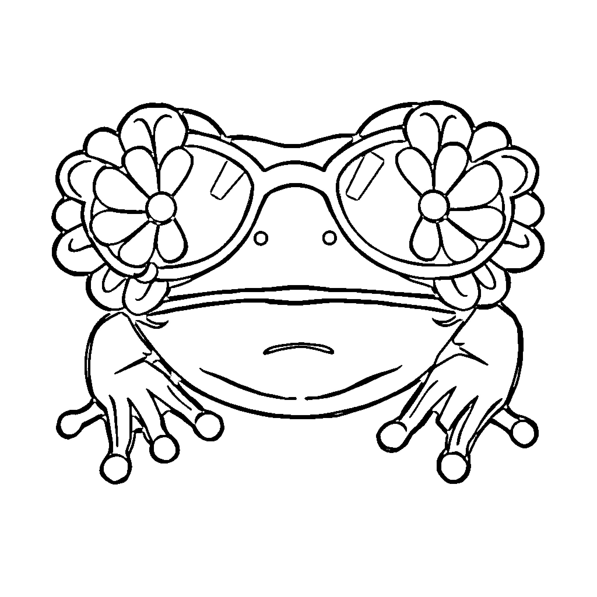 Frog wearing floral glasses Coloring Page (free black-and-white line drawing printable PDF for all, from beginners to advanced learners, including children, teens, adults, and seniors)