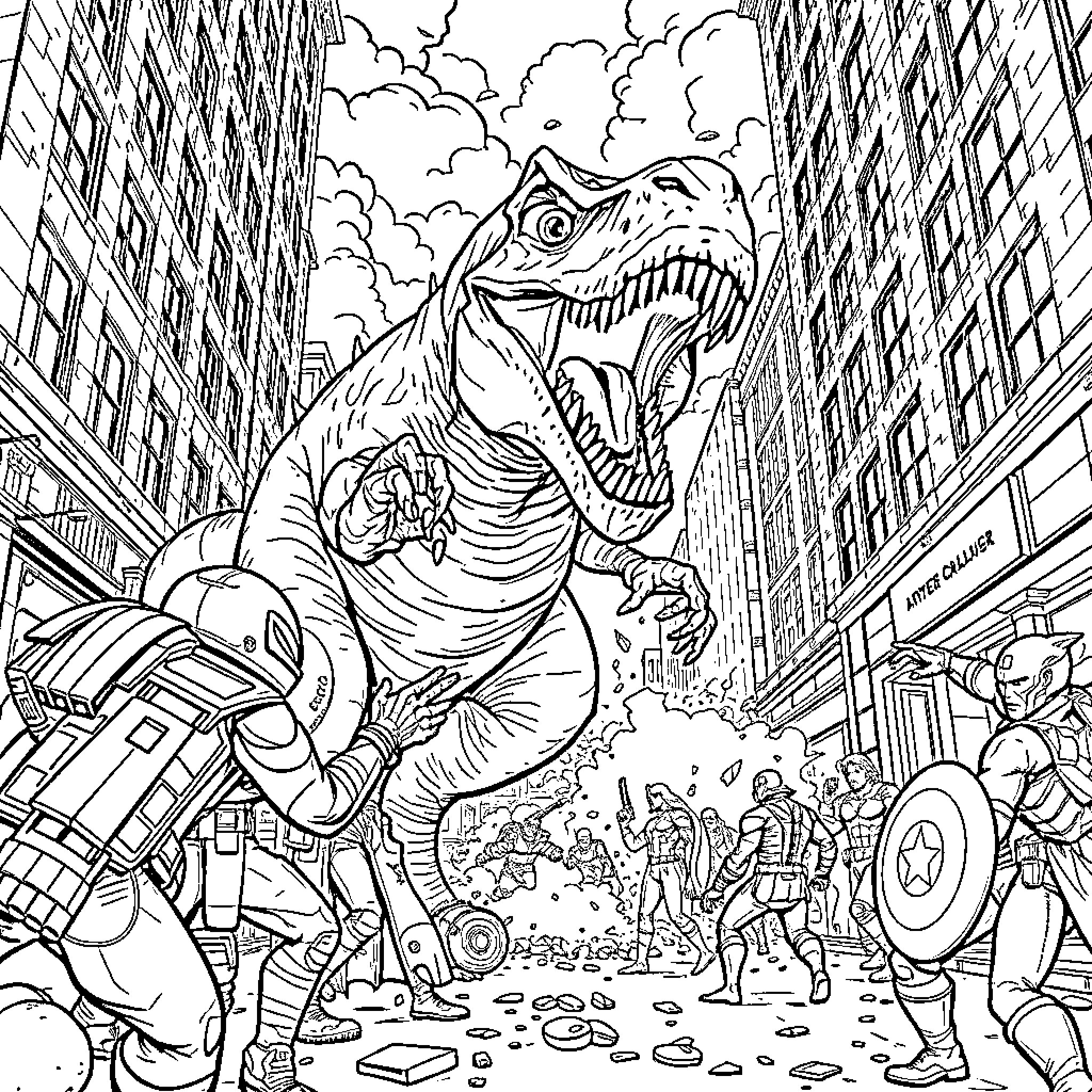 T-Rex Rampaging Through City Streets Coloring Page (free black-and-white line drawing printable PDF for all, from beginners to advanced learners, including children, teens, adults, and seniors)