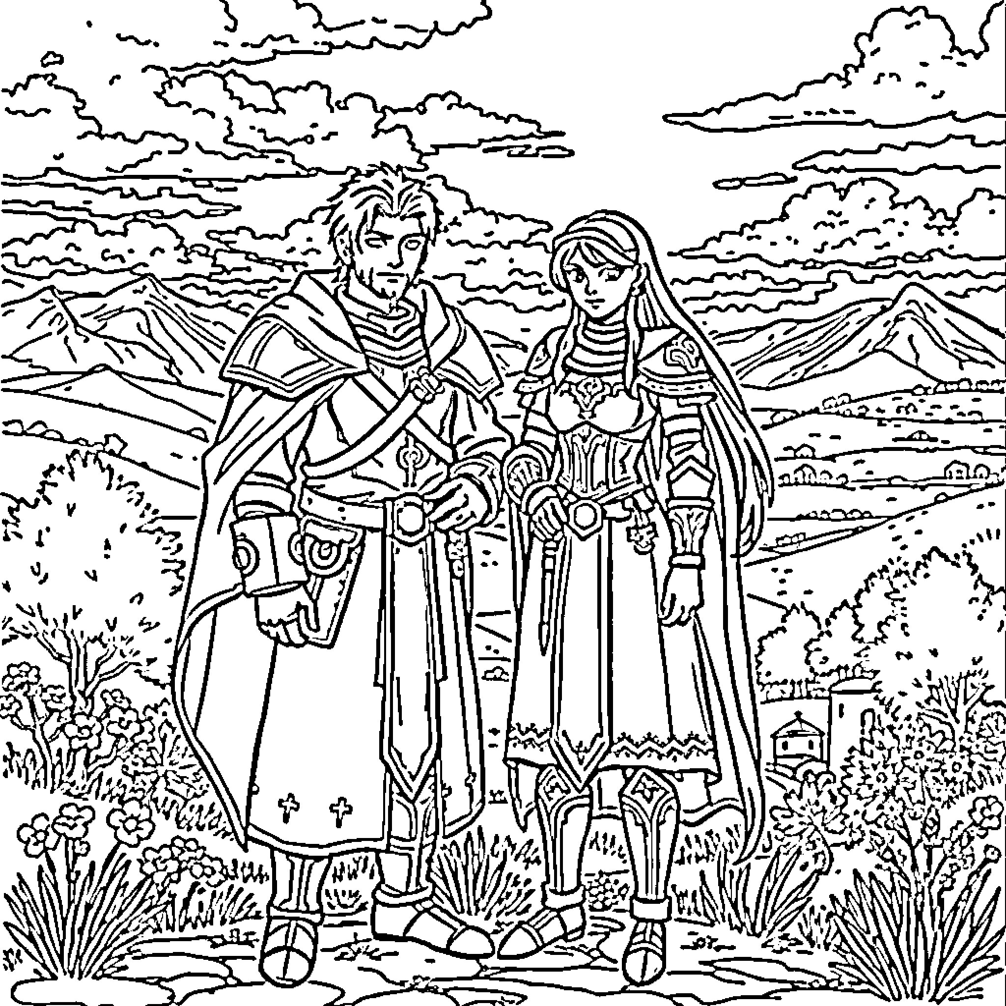Ramza Beoulve and Alma Beoulve, siblings in an adventure Coloring Page (free black-and-white line drawing printable PDF for all, from beginners to advanced learners, including children, teens, adults, and seniors)