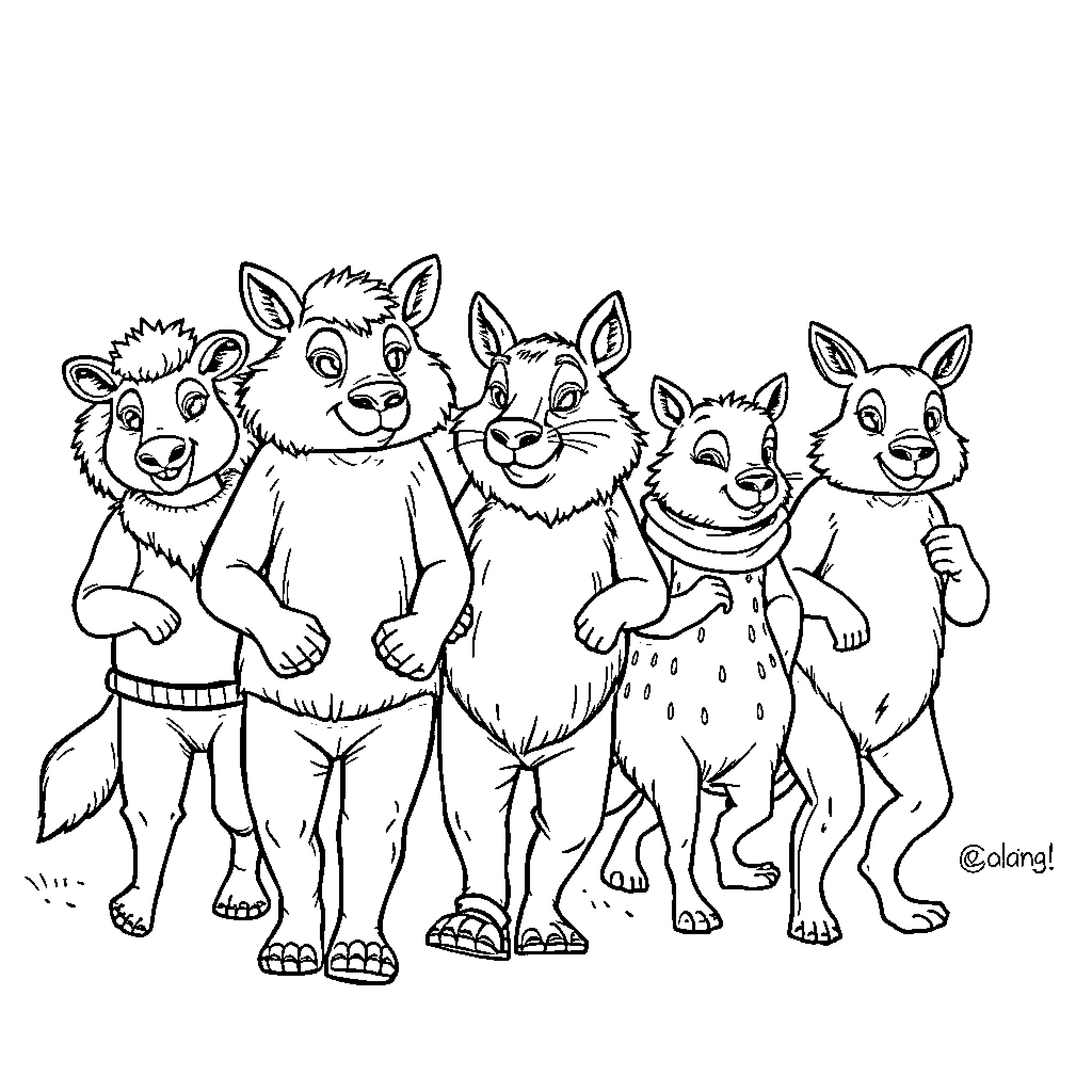 Animal friends posing together happily Coloring Page (free black-and-white line drawing printable PDF for all, from beginners to advanced learners, including children, teens, adults, and seniors)