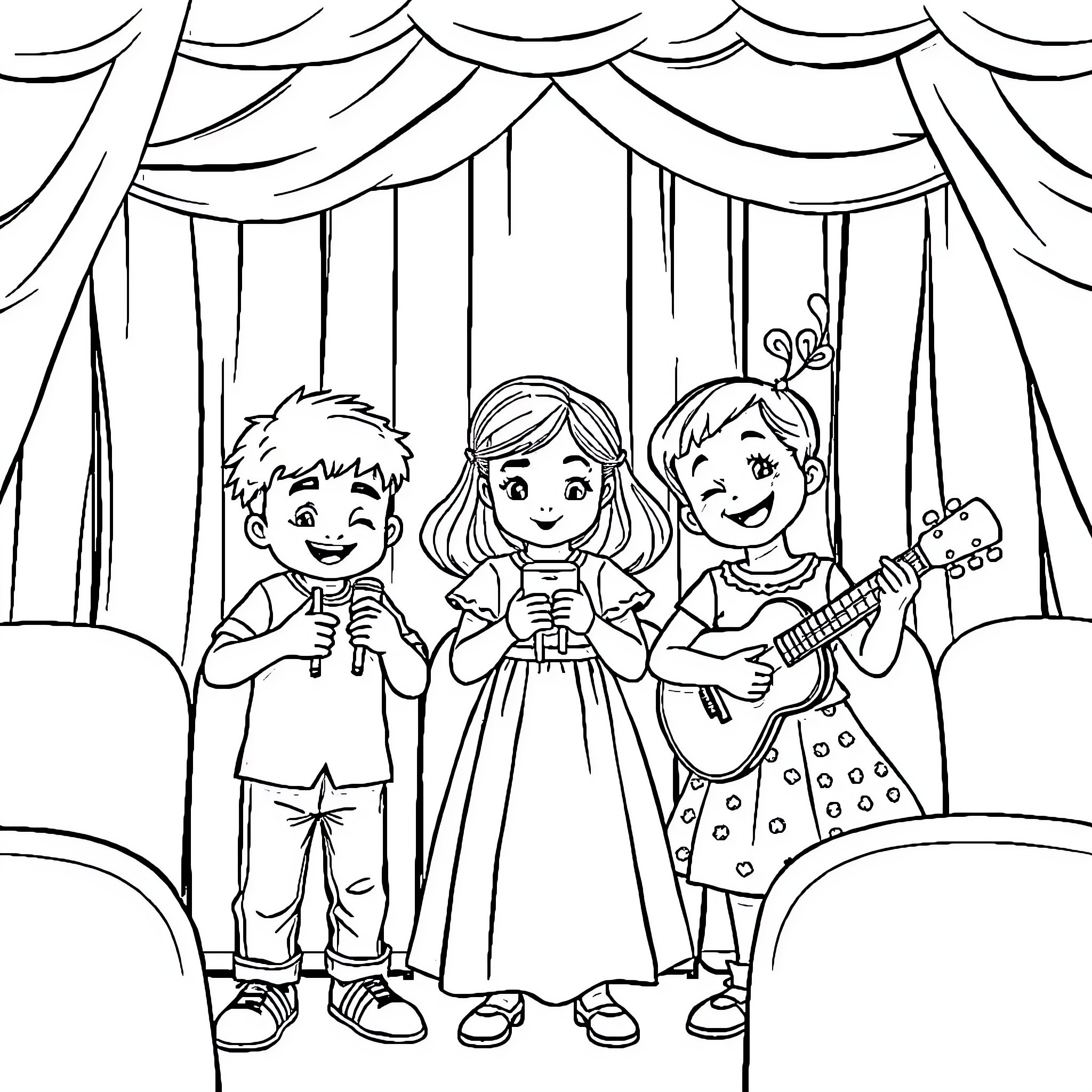 Niños performing on stage with musical instruments Coloring Page (free black-and-white line drawing printable PDF for all, from beginners to advanced learners, including children, teens, adults, and seniors)