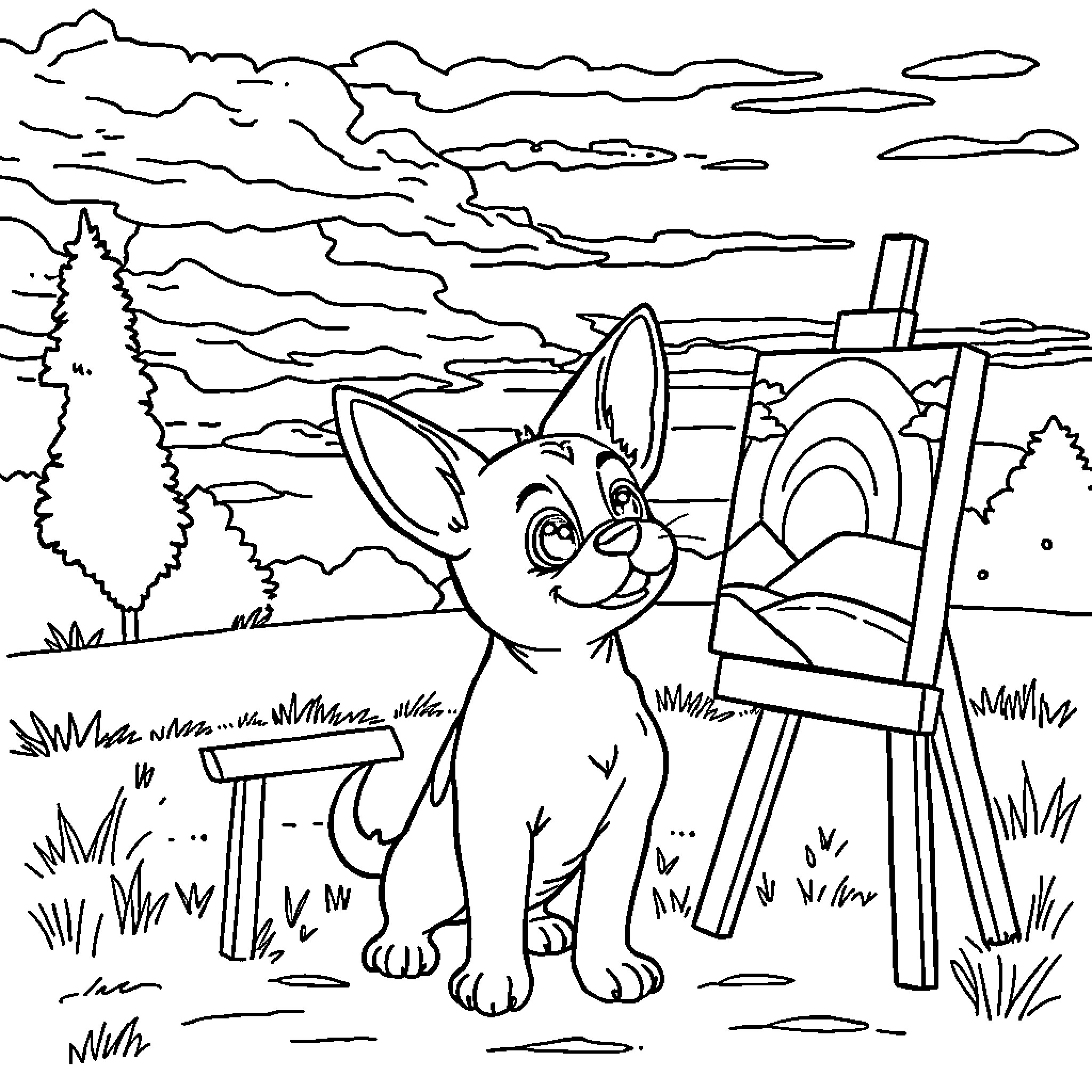 Gizmo the Artistic Pup in the Scenic Outdoors Coloring Page (free black-and-white line drawing printable PDF for all, from beginners to advanced learners, including children, teens, adults, and seniors)