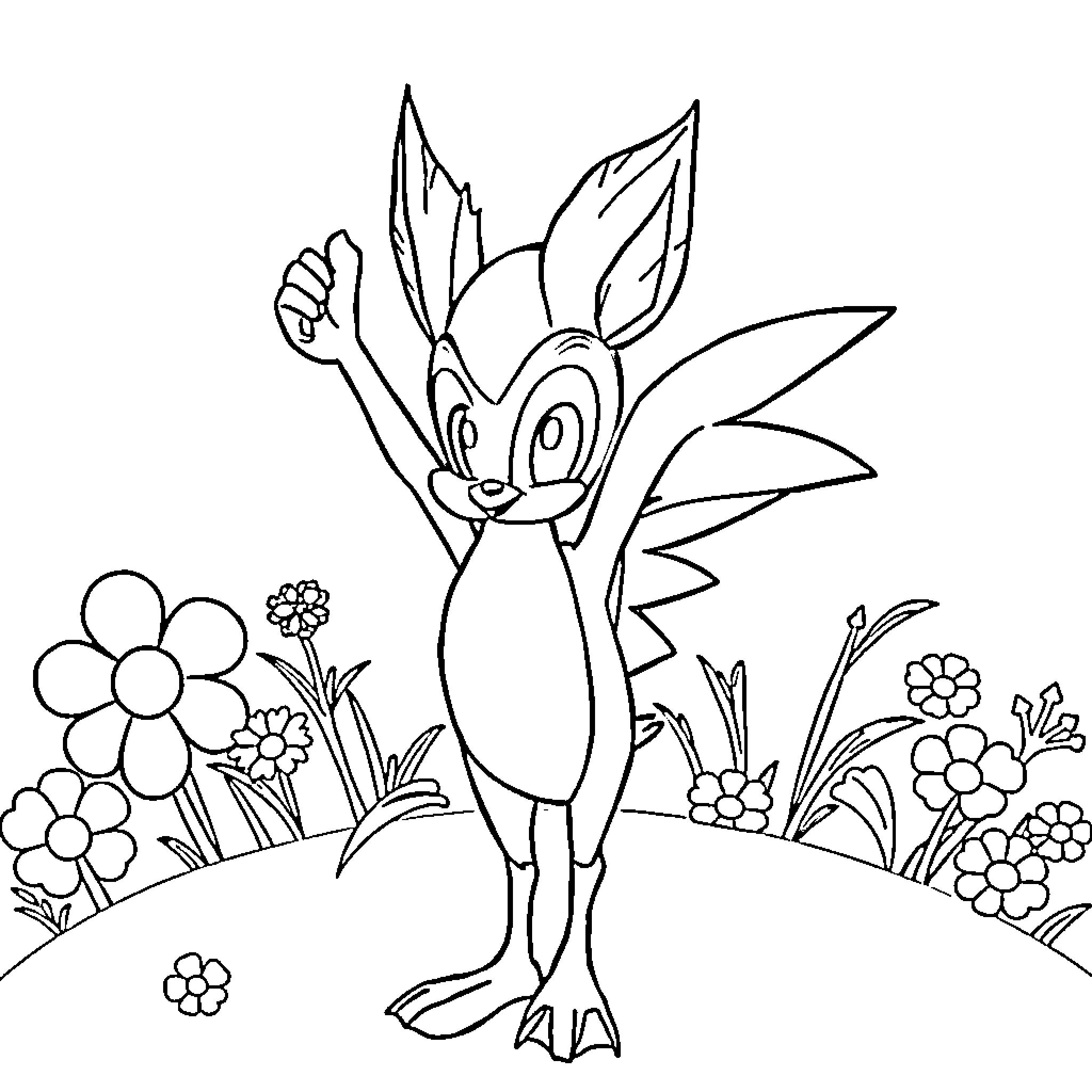 Victini joyfully dancing in a floral field Coloring Page (free black-and-white line drawing printable PDF for all, from beginners to advanced learners, including children, teens, adults, and seniors)