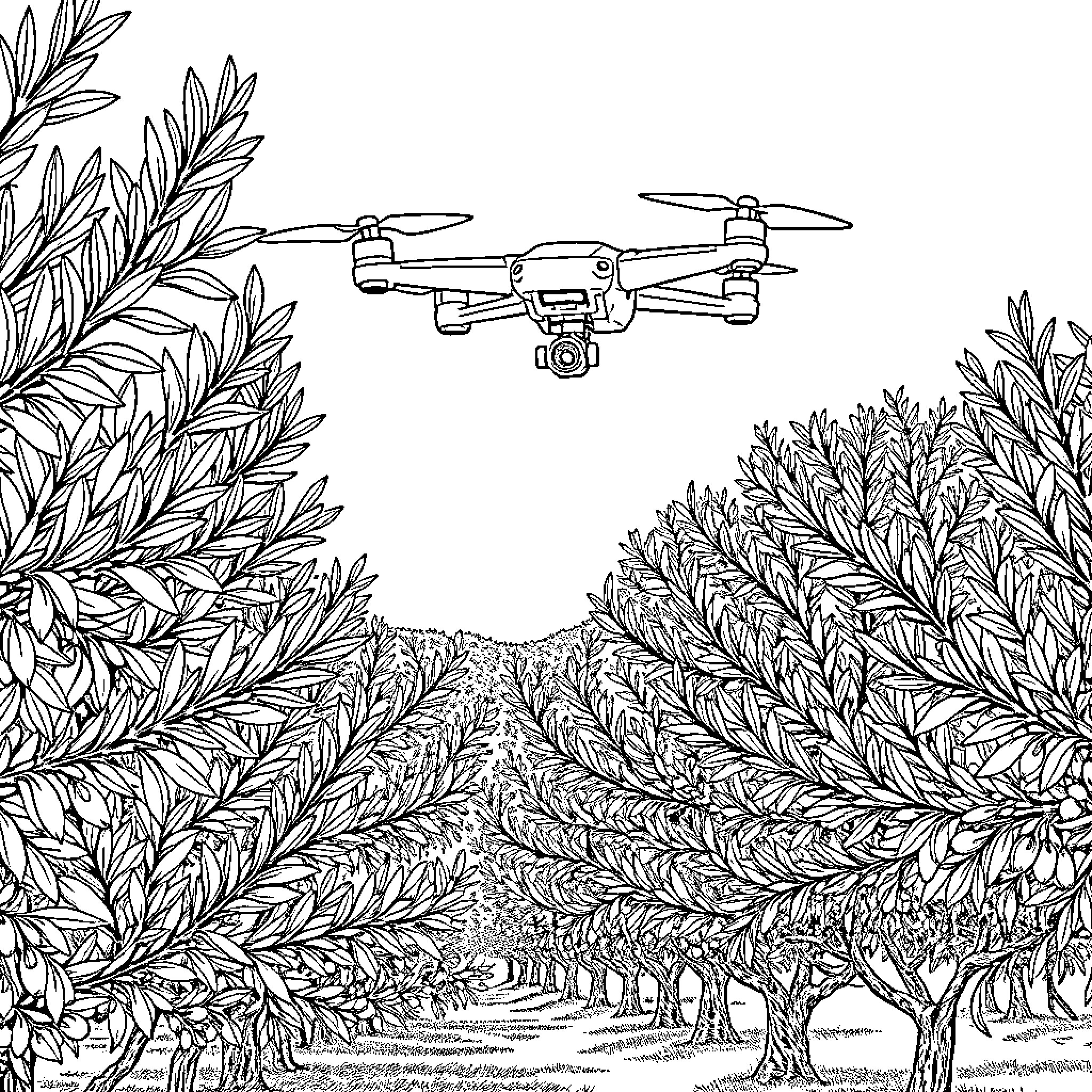 UAV soaring over lush forest landscape Coloring Page (free black-and-white line drawing printable PDF for all, from beginners to advanced learners, including children, teens, adults, and seniors)
