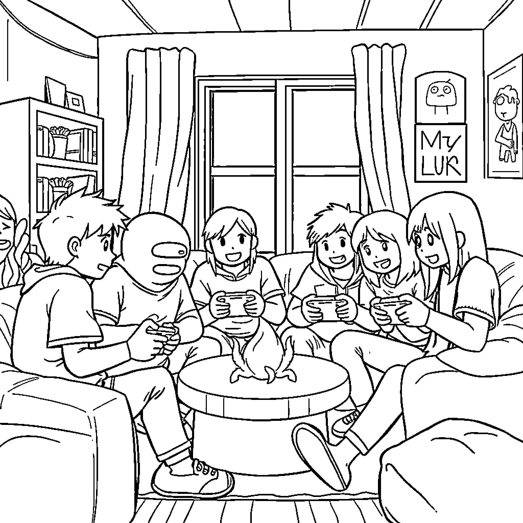 Among Us: Friends Gathered for a Game Night Coloring Page (free black-and-white line drawing printable PDF for all, from beginners to advanced learners, including children, teens, adults, and seniors)