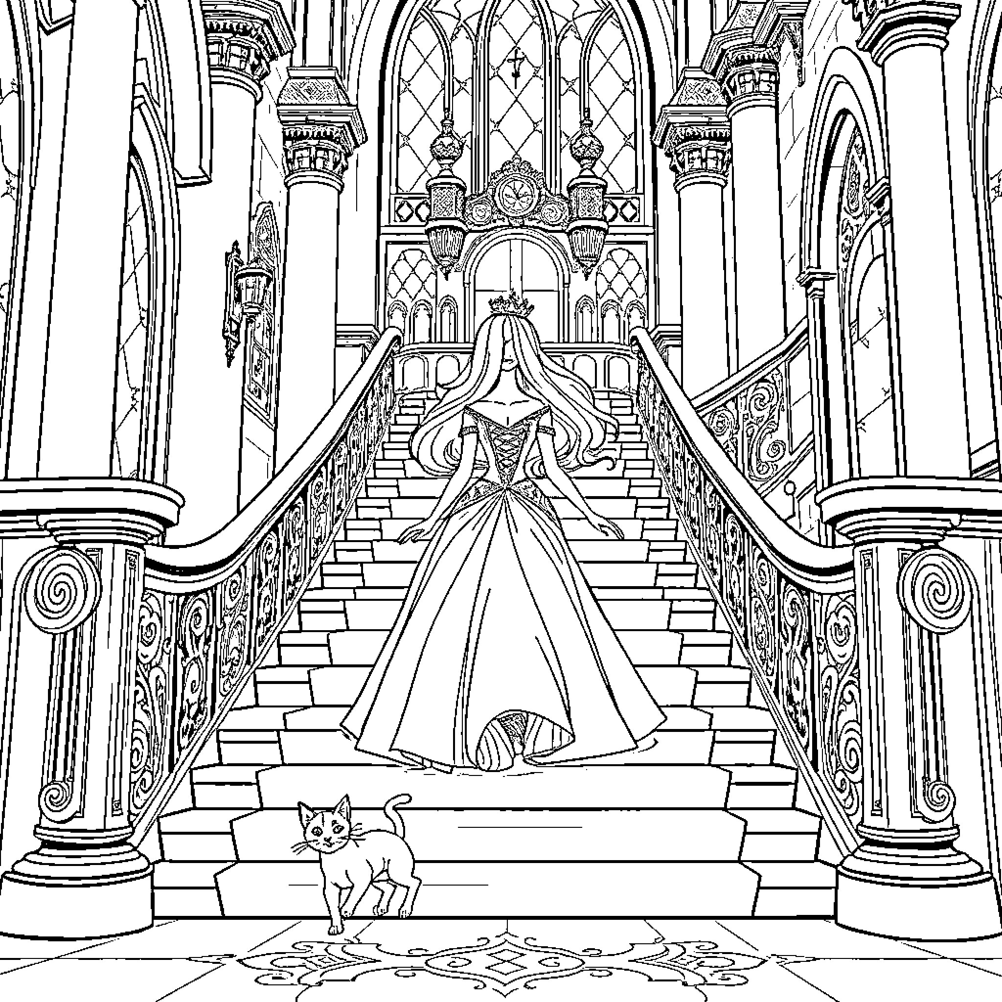 Barbie in a grand castle staircase with a cat Coloring Page (free black-and-white line drawing printable PDF for all, from beginners to advanced learners, including children, teens, adults, and seniors)