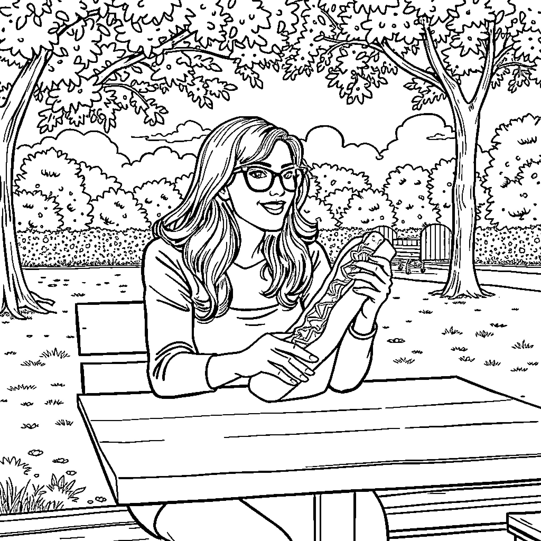 Woman enjoying a peaceful day outdoors Coloring Page (free black-and-white line drawing printable PDF for all, from beginners to advanced learners, including children, teens, adults, and seniors)