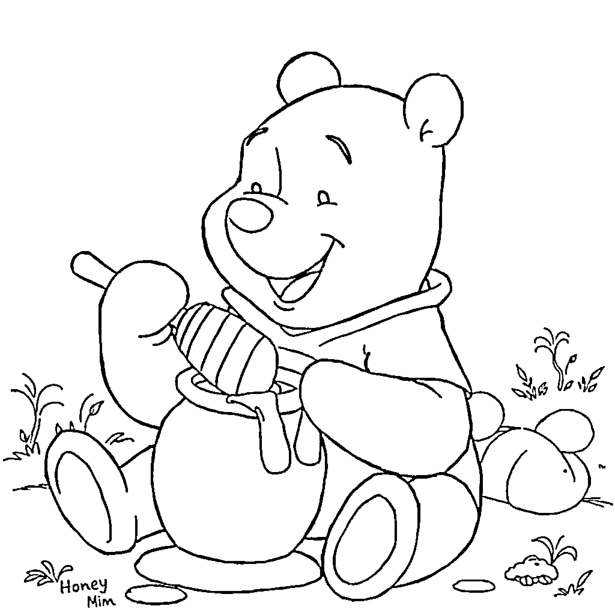 Winnie The Pooh enjoying a sweet honey treat Coloring Page (free black-and-white line drawing printable PDF for all, from beginners to advanced learners, including children, teens, adults, and seniors)