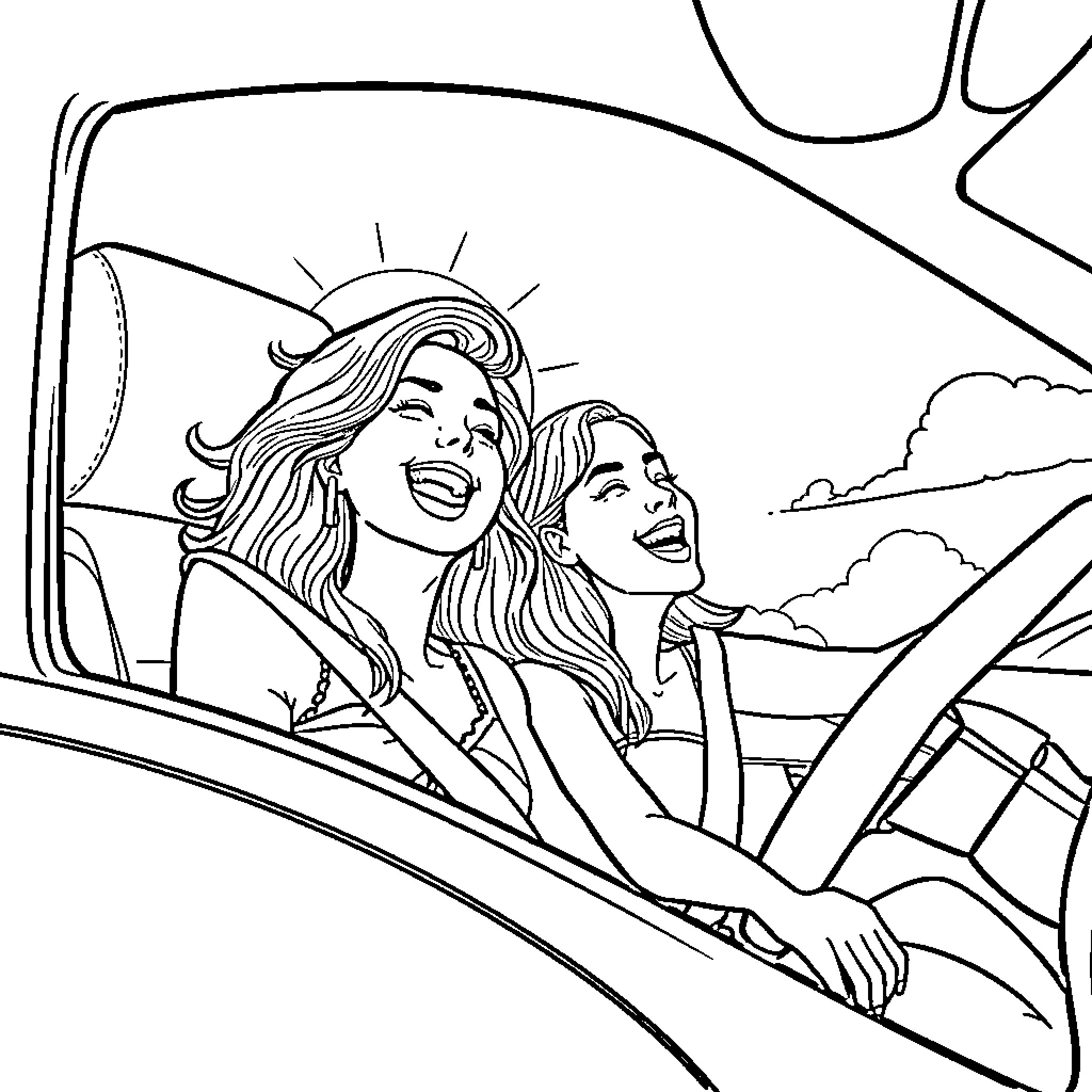 Girls enjoying joyride in convertible car Coloring Page (free black-and-white line drawing printable PDF for all, from beginners to advanced learners, including children, teens, adults, and seniors)