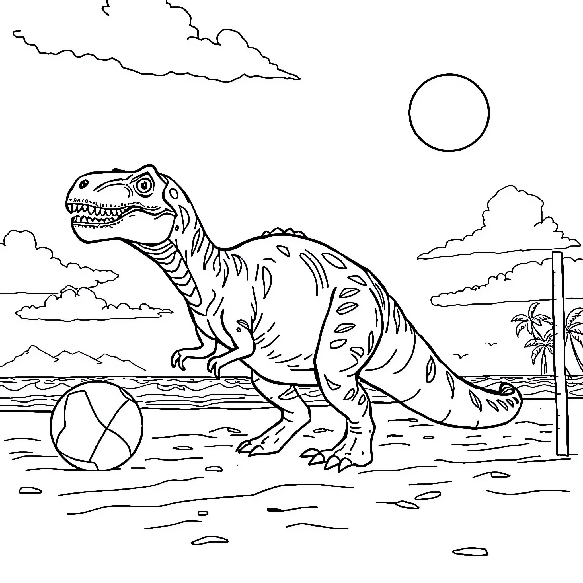 Dinosaur playing with beach ball on tropical shore Coloring Page (free black-and-white line drawing printable PDF for all, from beginners to advanced learners, including children, teens, adults, and seniors)