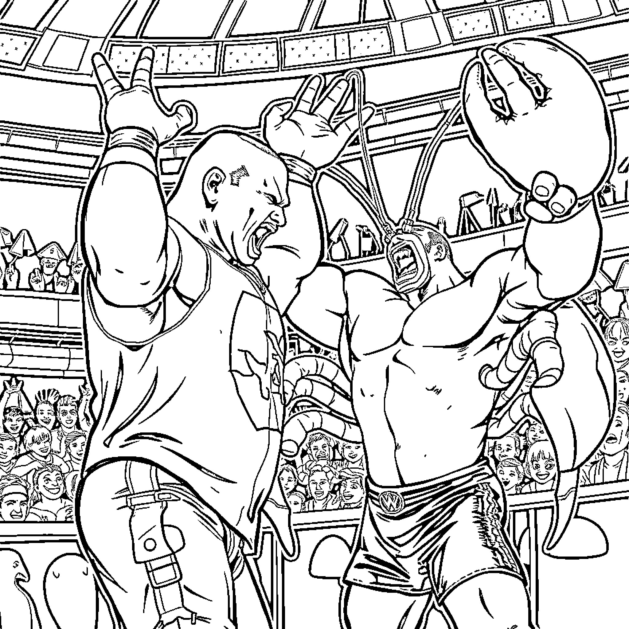 John Cena in an epic wrestling match Coloring Page (free black-and-white line drawing printable PDF for all, from beginners to advanced learners, including children, teens, adults, and seniors)