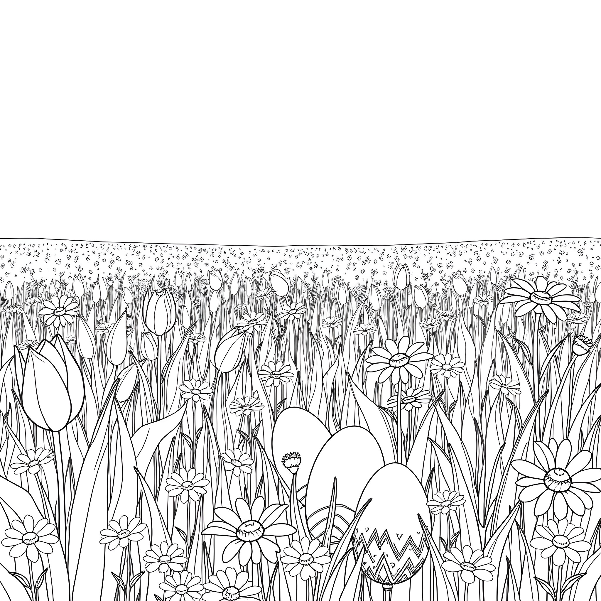 Flower field with various blooms and foliage Coloring Page (free black-and-white line drawing printable PDF for all, from beginners to advanced learners, including children, teens, adults, and seniors)