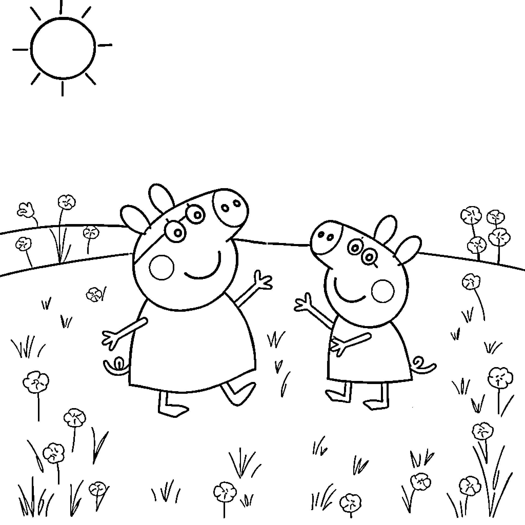 George Pig and Peppa Pig playing in the meadow Coloring Page (free black-and-white line drawing printable PDF for all, from beginners to advanced learners, including children, teens, adults, and seniors)