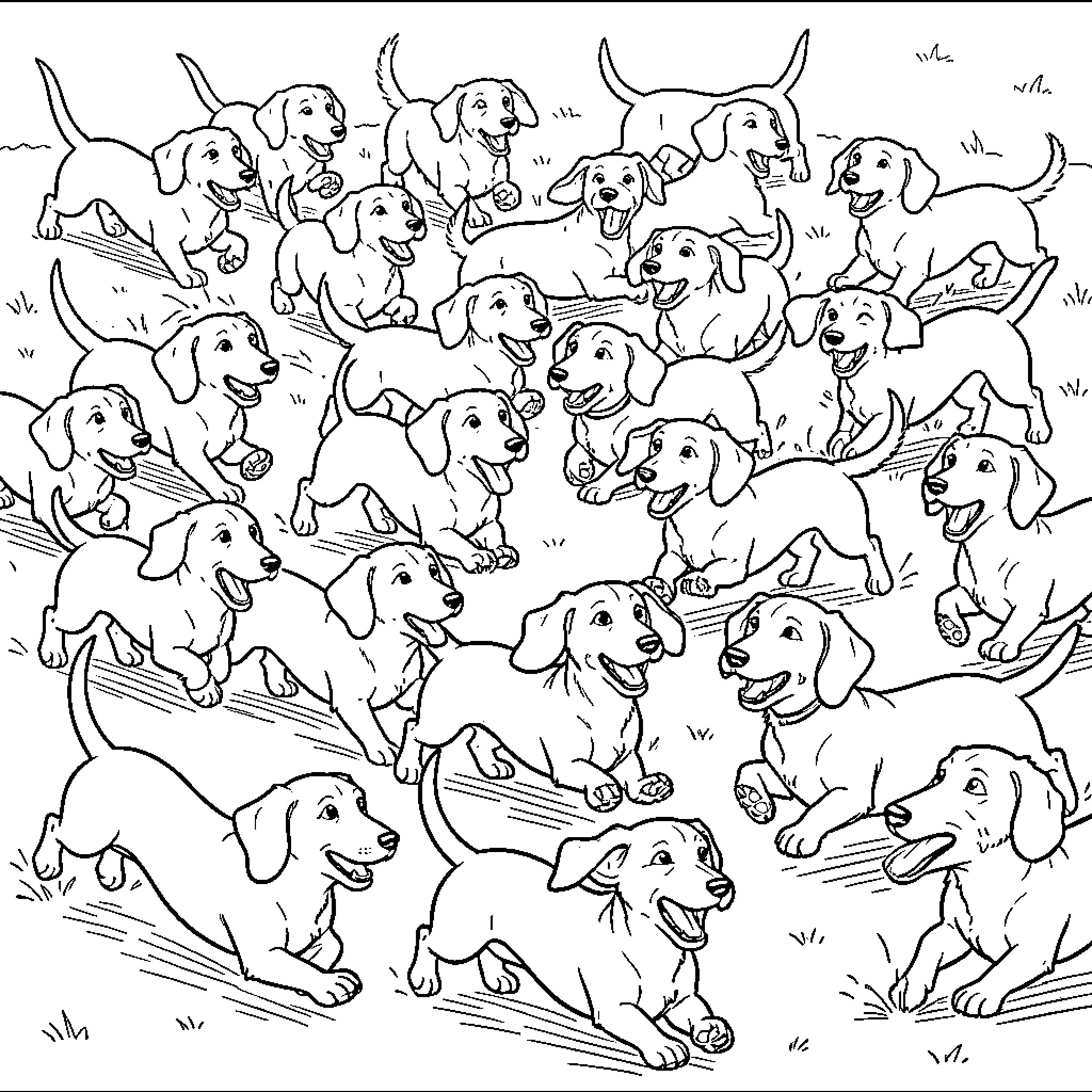 Perro group running and playing together happily Coloring Page (free black-and-white line drawing printable PDF for all, from beginners to advanced learners, including children, teens, adults, and seniors)