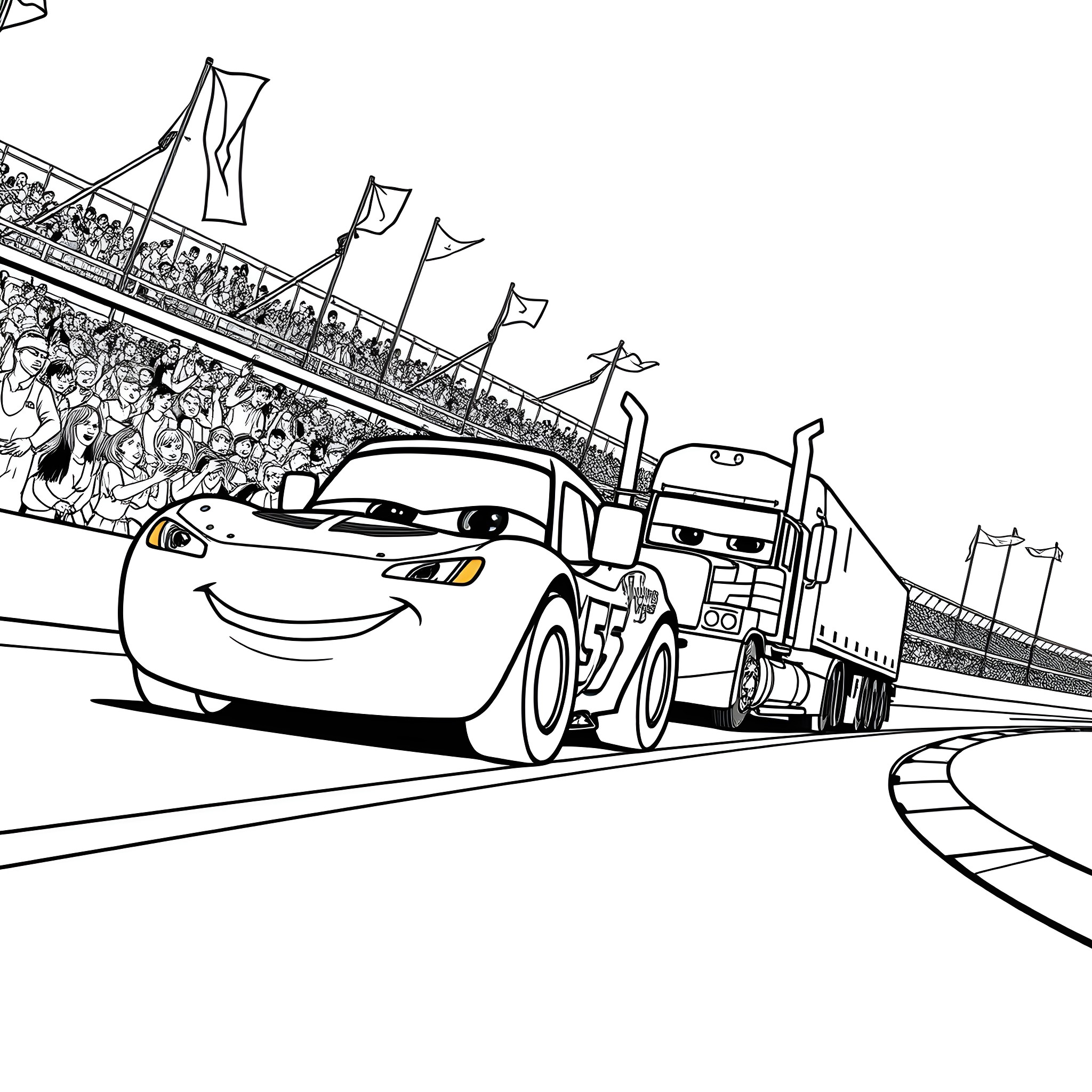Lightning McQueen racing on the track with Mack Coloring Page (free black-and-white line drawing printable PDF for all, from beginners to advanced learners, including children, teens, adults, and seniors)