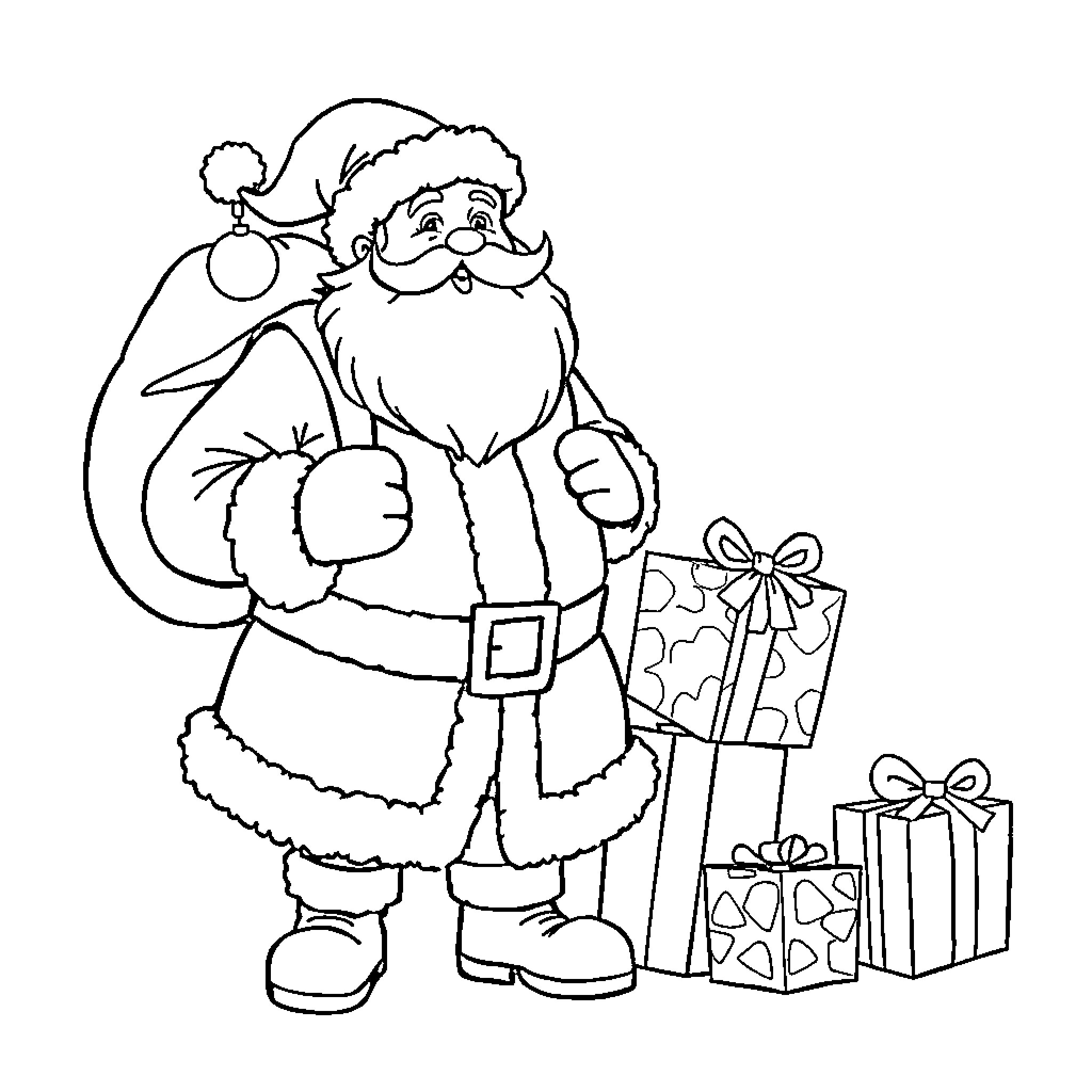 Santa Claus delivering gifts with joy Coloring Page (free black-and-white line drawing printable PDF for all, from beginners to advanced learners, including children, teens, adults, and seniors)