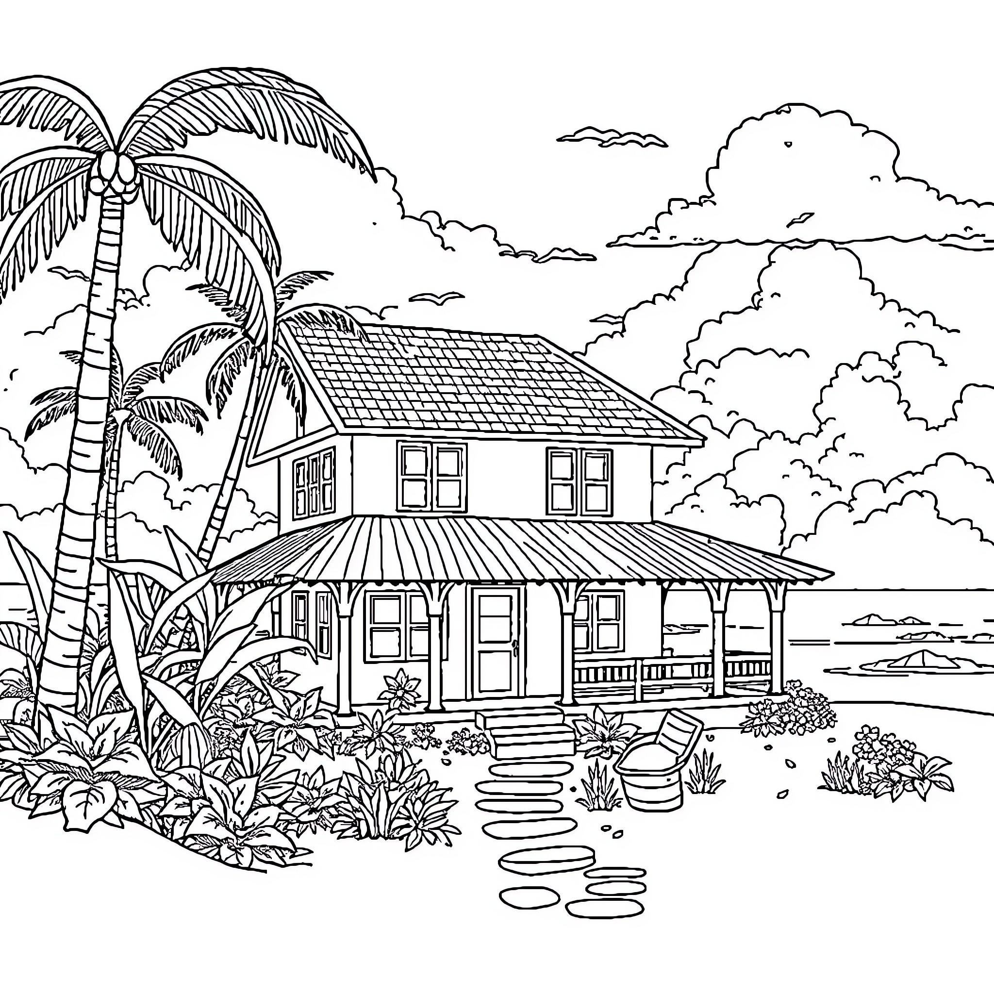 House surrounded by tropical plants and palm trees Coloring Page (free black-and-white line drawing printable PDF for all, from beginners to advanced learners, including children, teens, adults, and seniors)