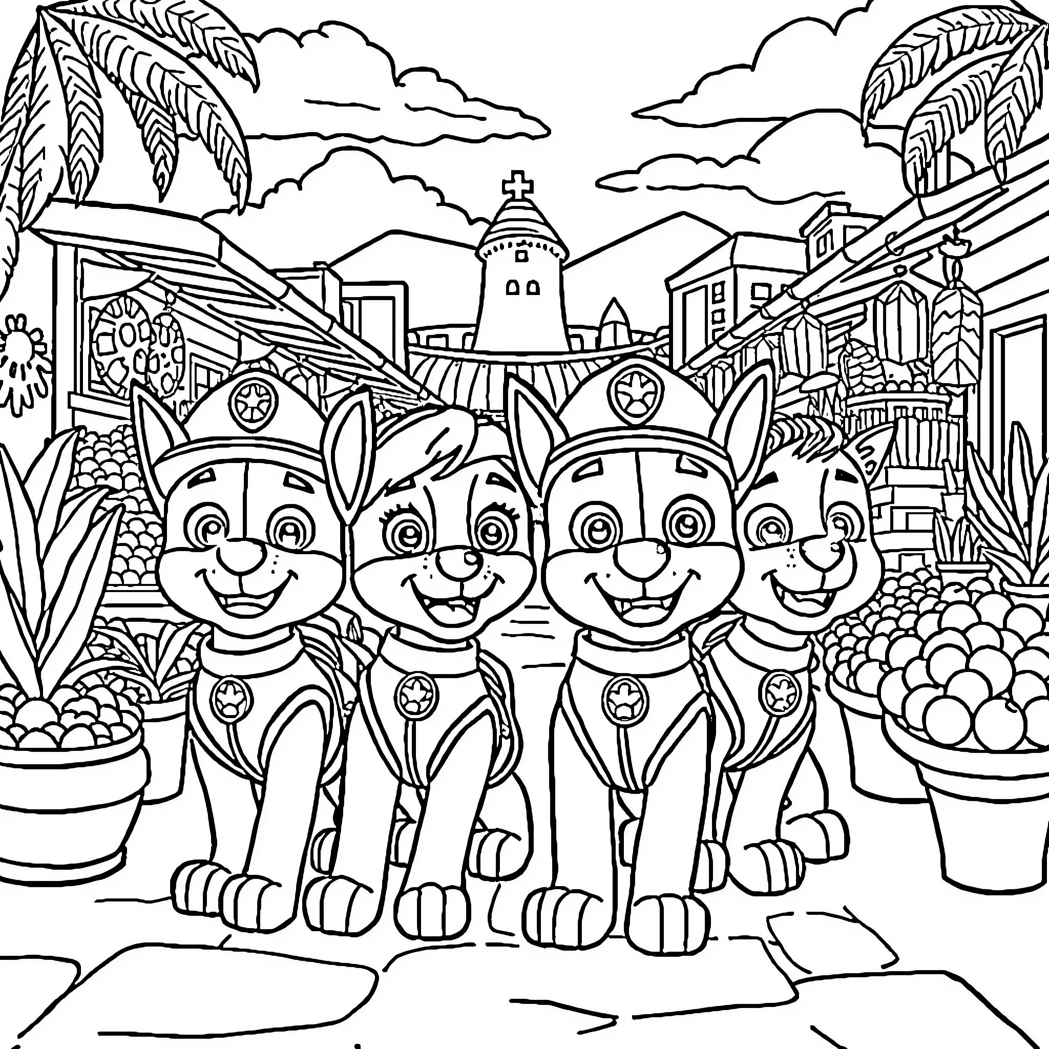 Paw Patrol characters explore tropical island landscape Coloring Page (free black-and-white line drawing printable PDF for all, from beginners to advanced learners, including children, teens, adults, and seniors)