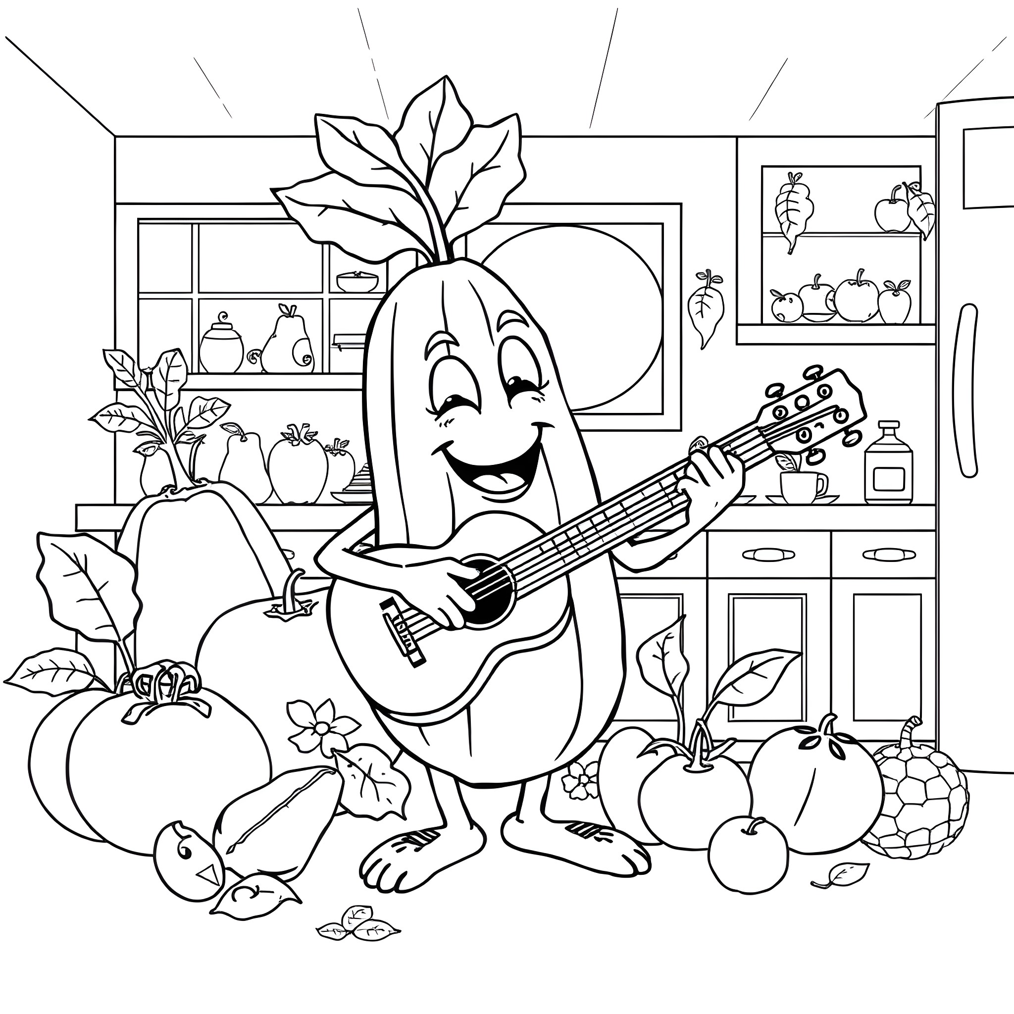 Plantain playing guitar in a kitchen Coloring Page (free black-and-white line drawing printable PDF for all, from beginners to advanced learners, including children, teens, adults, and seniors)
