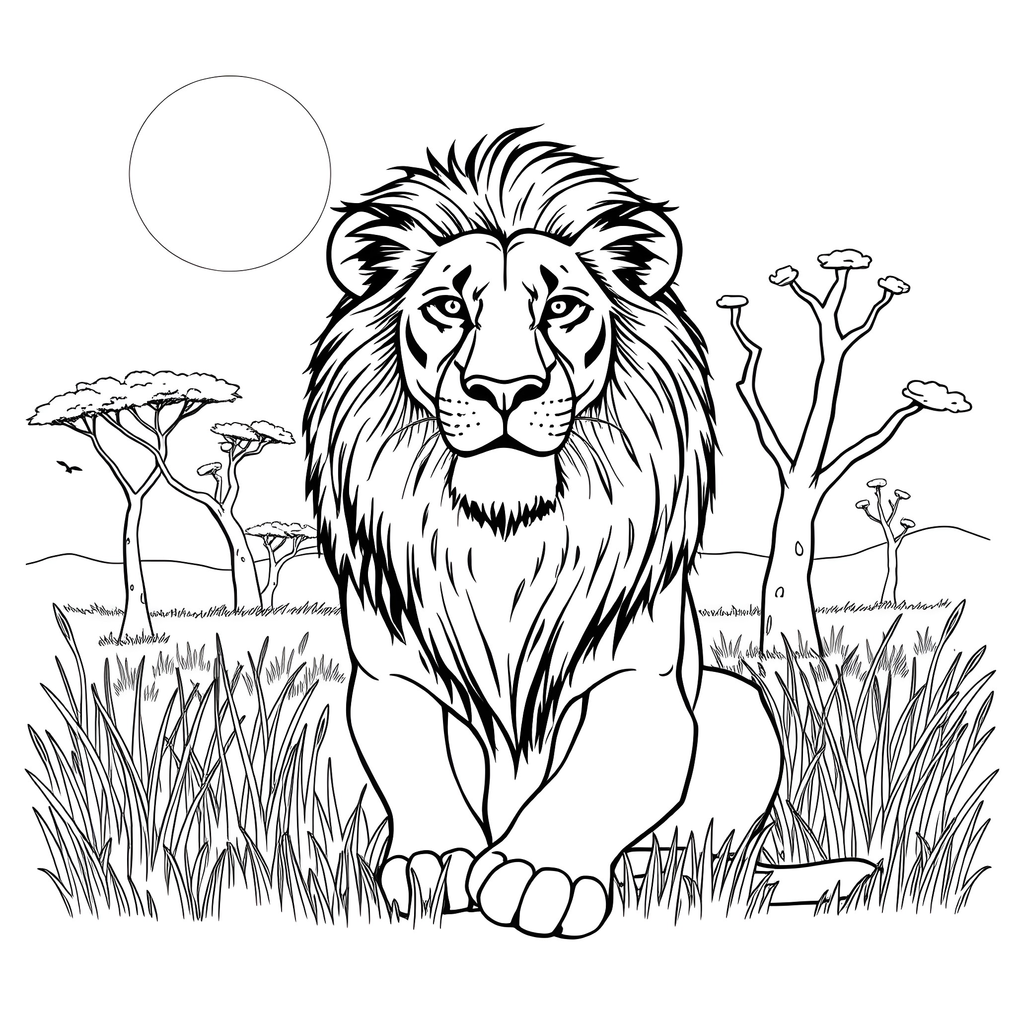 Lion standing majestically in the African savanna Coloring Page (free black-and-white line drawing printable PDF for all, from beginners to advanced learners, including children, teens, adults, and seniors)