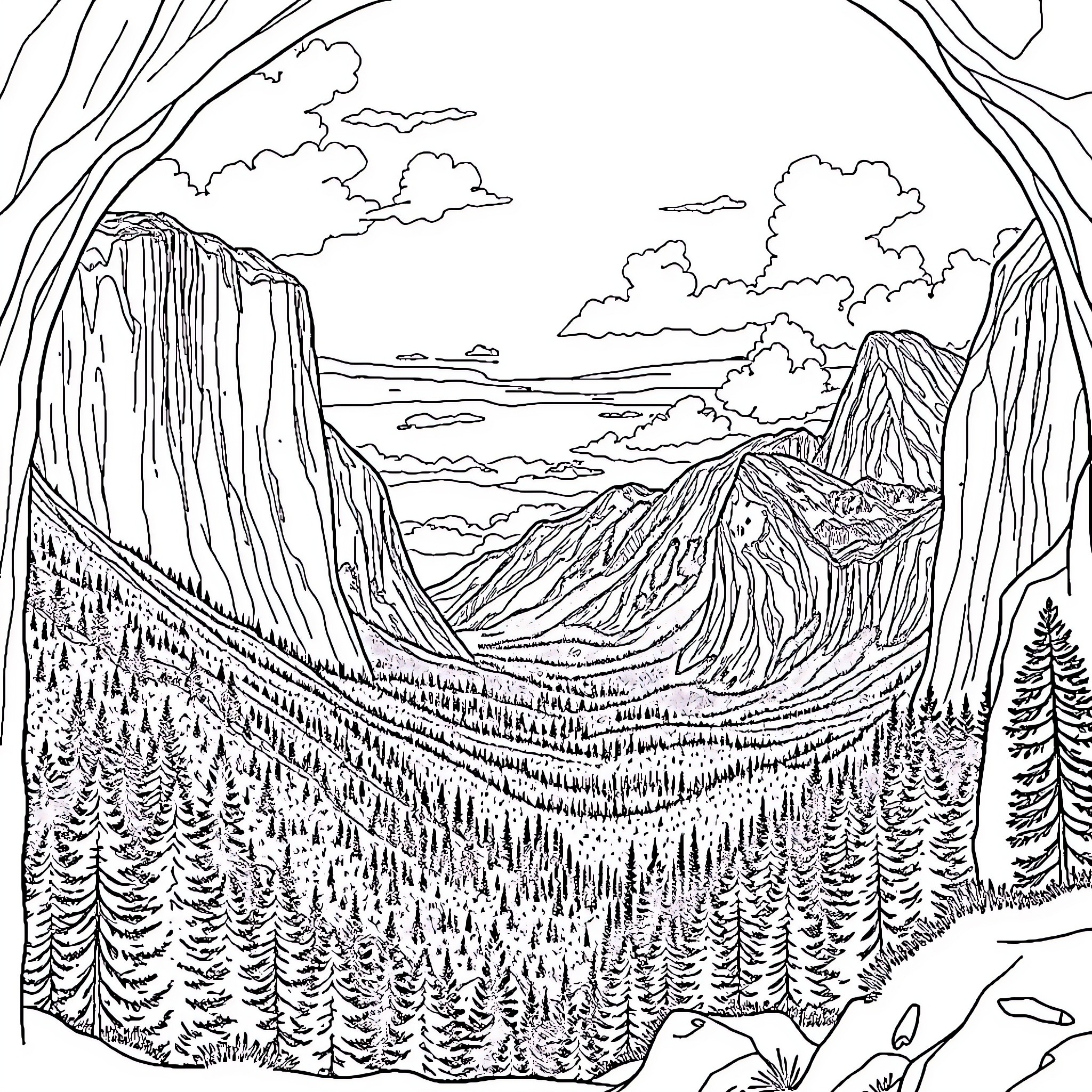 Yosemite National Park landscape with mountains and forests Coloring Page (free black-and-white line drawing printable PDF for all, from beginners to advanced learners, including children, teens, adults, and seniors)