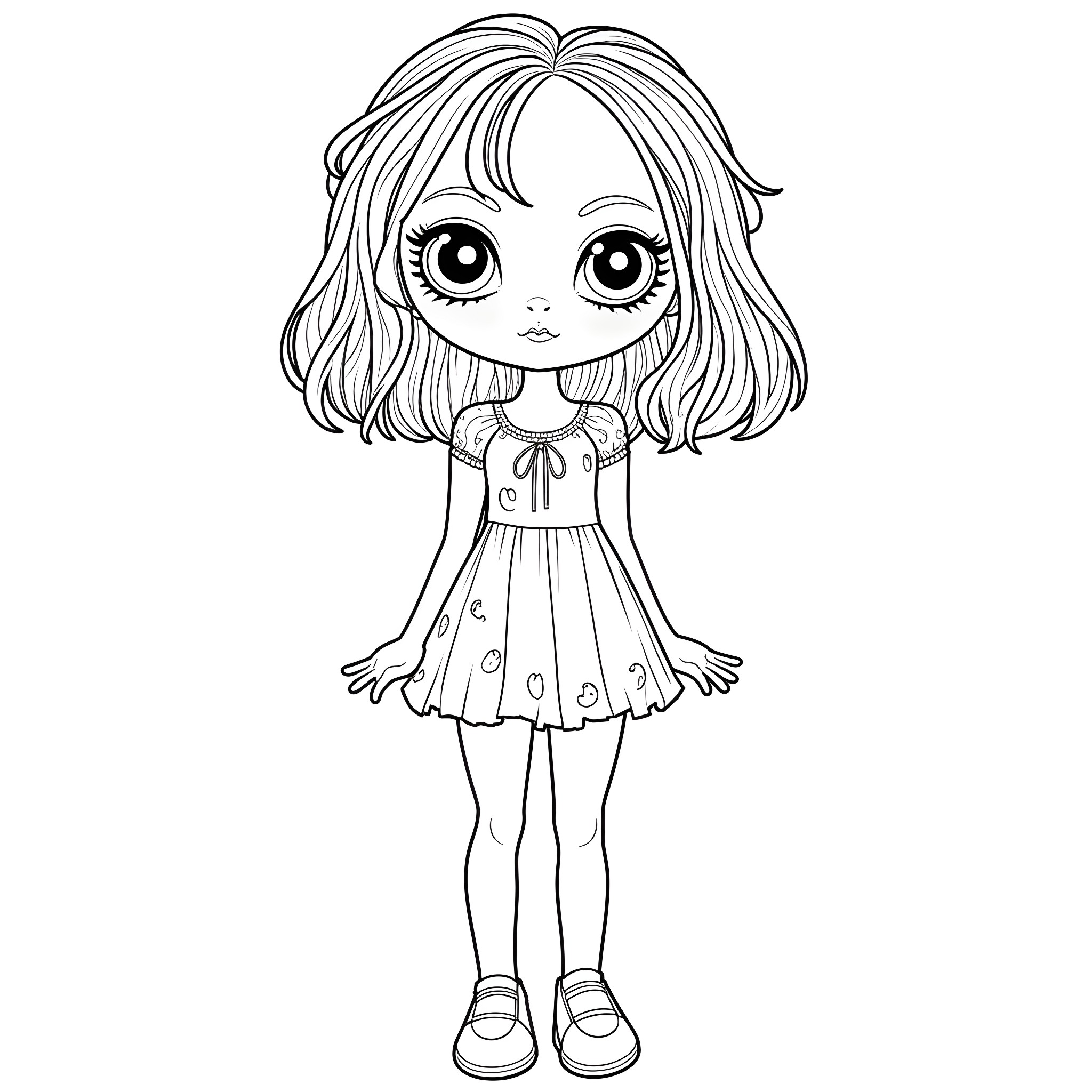 Doll with large eyes and bow-tie dress Coloring Page (free black-and-white line drawing printable PDF for all, from beginners to advanced learners, including children, teens, adults, and seniors)