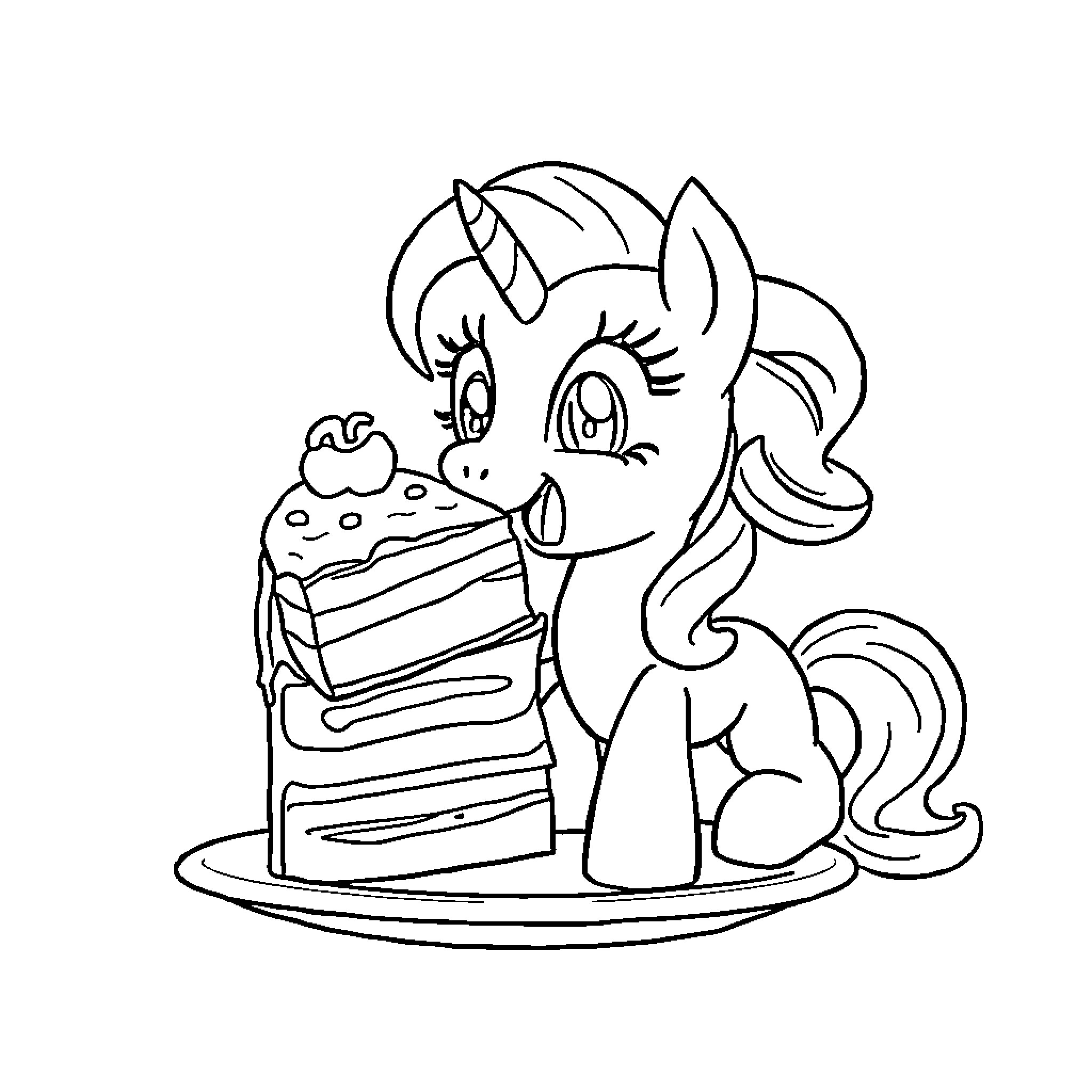 Pinky Pie enjoying a birthday cake Coloring Page (free black-and-white line drawing printable PDF for all, from beginners to advanced learners, including children, teens, adults, and seniors)