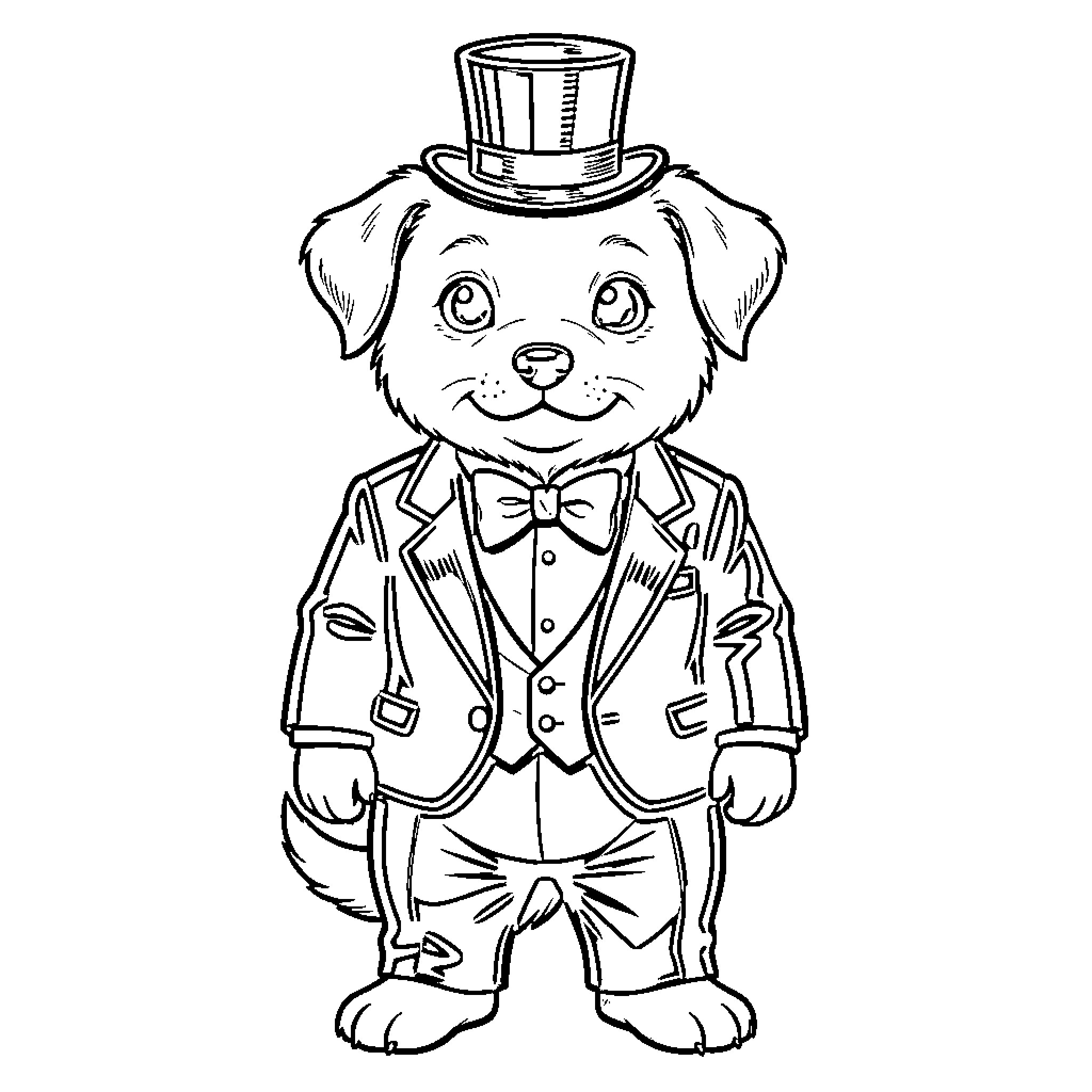 Puppy wearing a tuxedo and a top hat Coloring Page (free black-and-white line drawing printable PDF for all, from beginners to advanced learners, including children, teens, adults, and seniors)