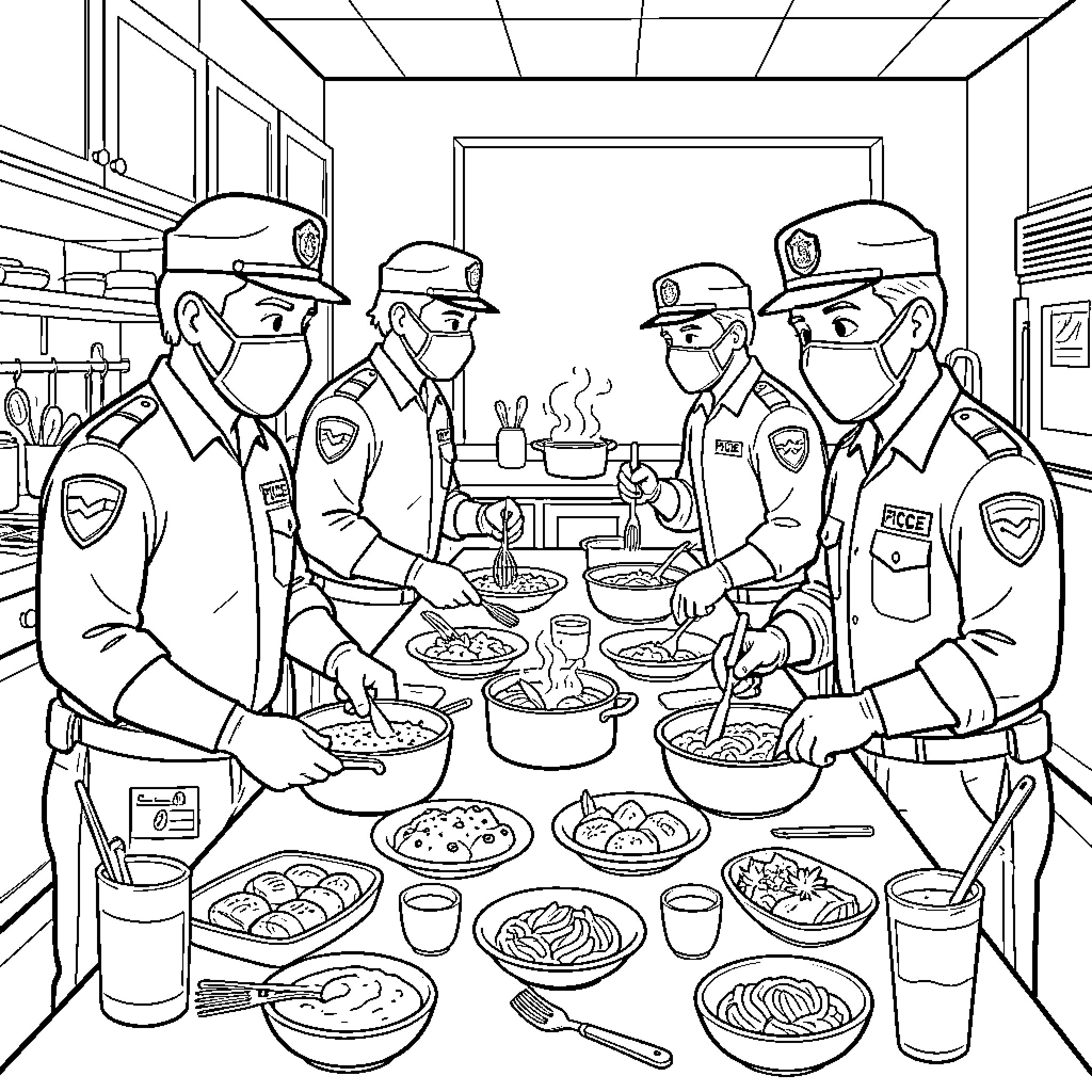 Ice Agent officers sharing a meal at a table Coloring Page (free black-and-white line drawing printable PDF for all, from beginners to advanced learners, including children, teens, adults, and seniors)