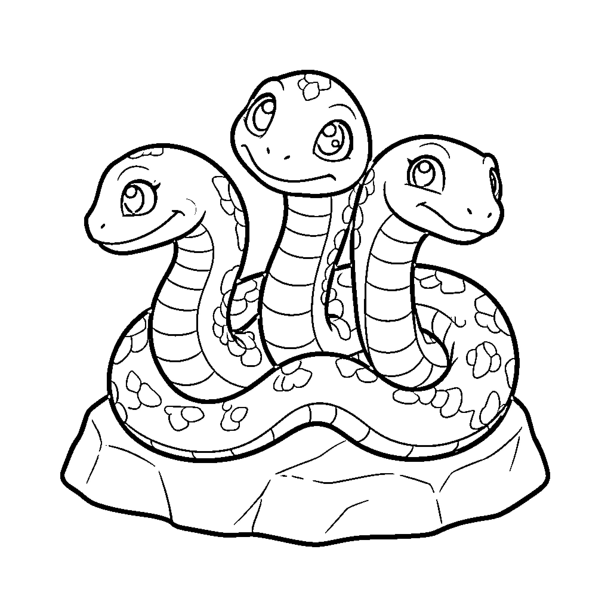Three-Headed Serpent smiling friendly while resting on a rock Coloring Page (free black-and-white line drawing printable PDF for all, from beginners to advanced learners, including children, teens, adults, and seniors)