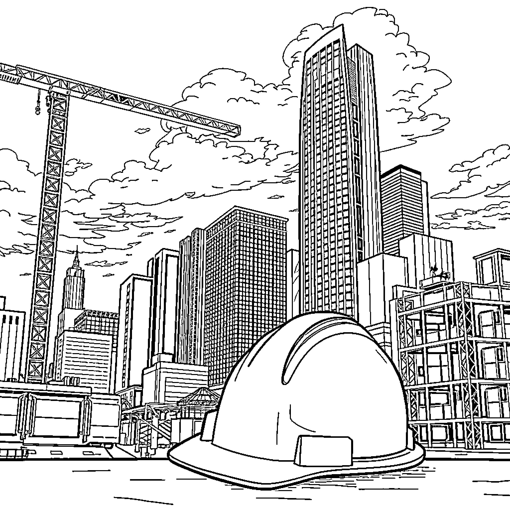 Hardhat on the cityscape construction site Coloring Page (free black-and-white line drawing printable PDF for all, from beginners to advanced learners, including children, teens, adults, and seniors)