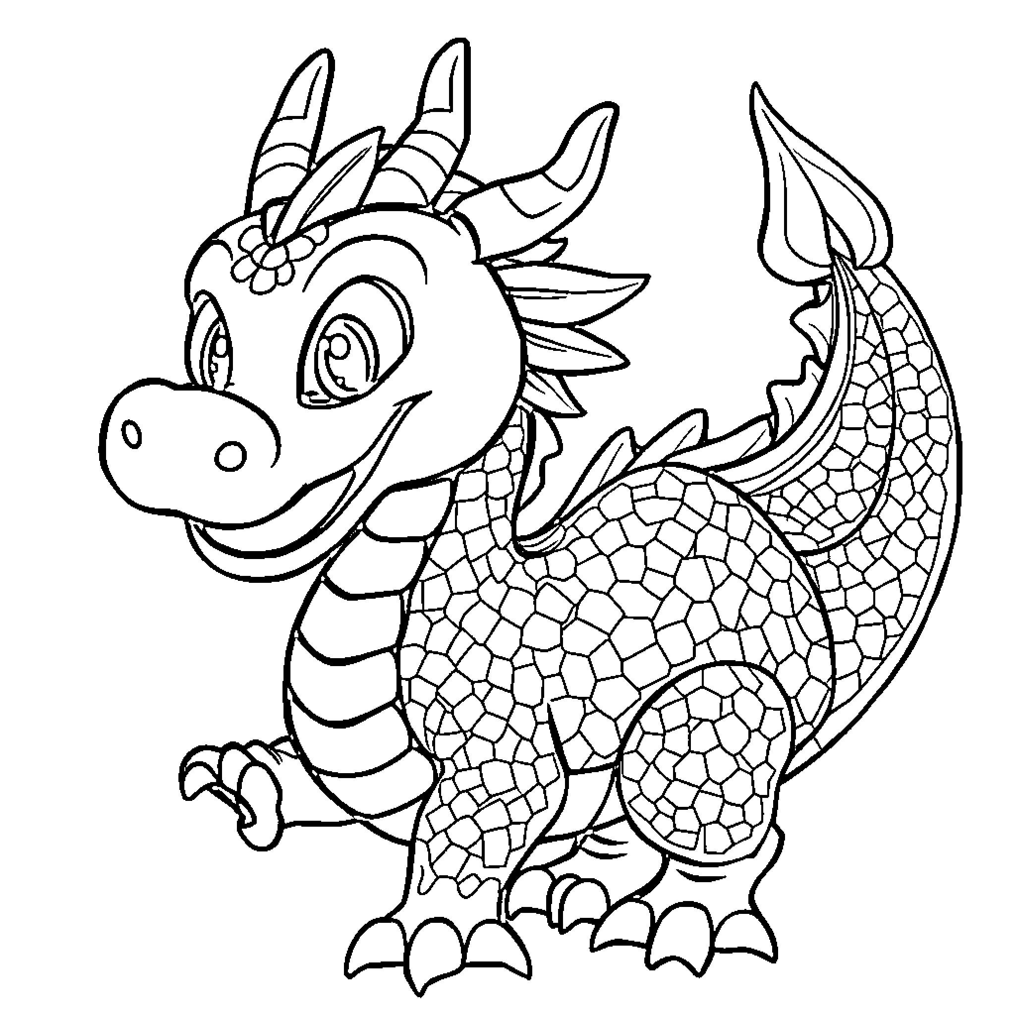 Dragon playfully posing in a whimsical scene Coloring Page (free black-and-white line drawing printable PDF for all, from beginners to advanced learners, including children, teens, adults, and seniors)
