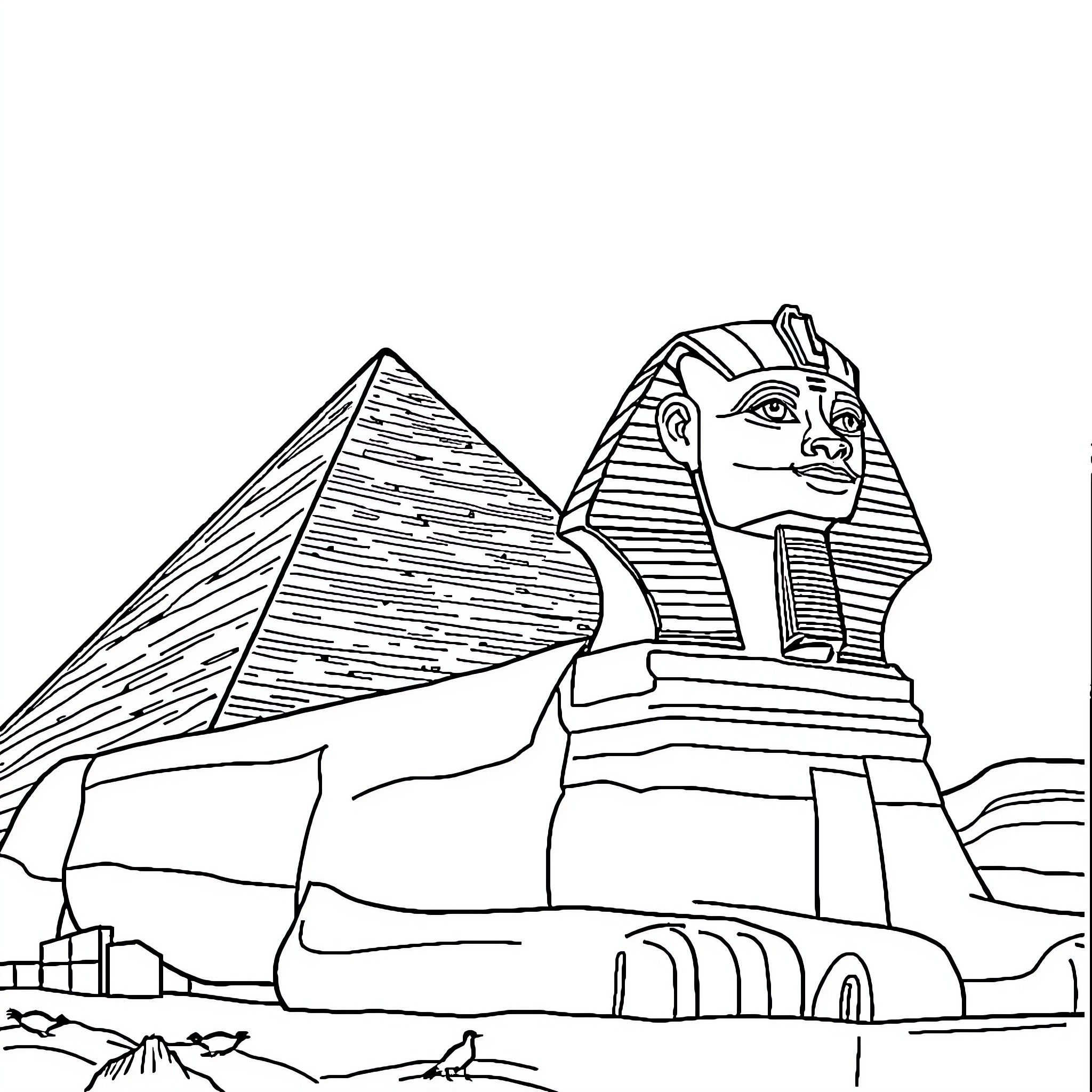 Pyramid with iconic Egyptian sphinx statue Coloring Page (free black-and-white line drawing printable PDF for all, from beginners to advanced learners, including children, teens, adults, and seniors)