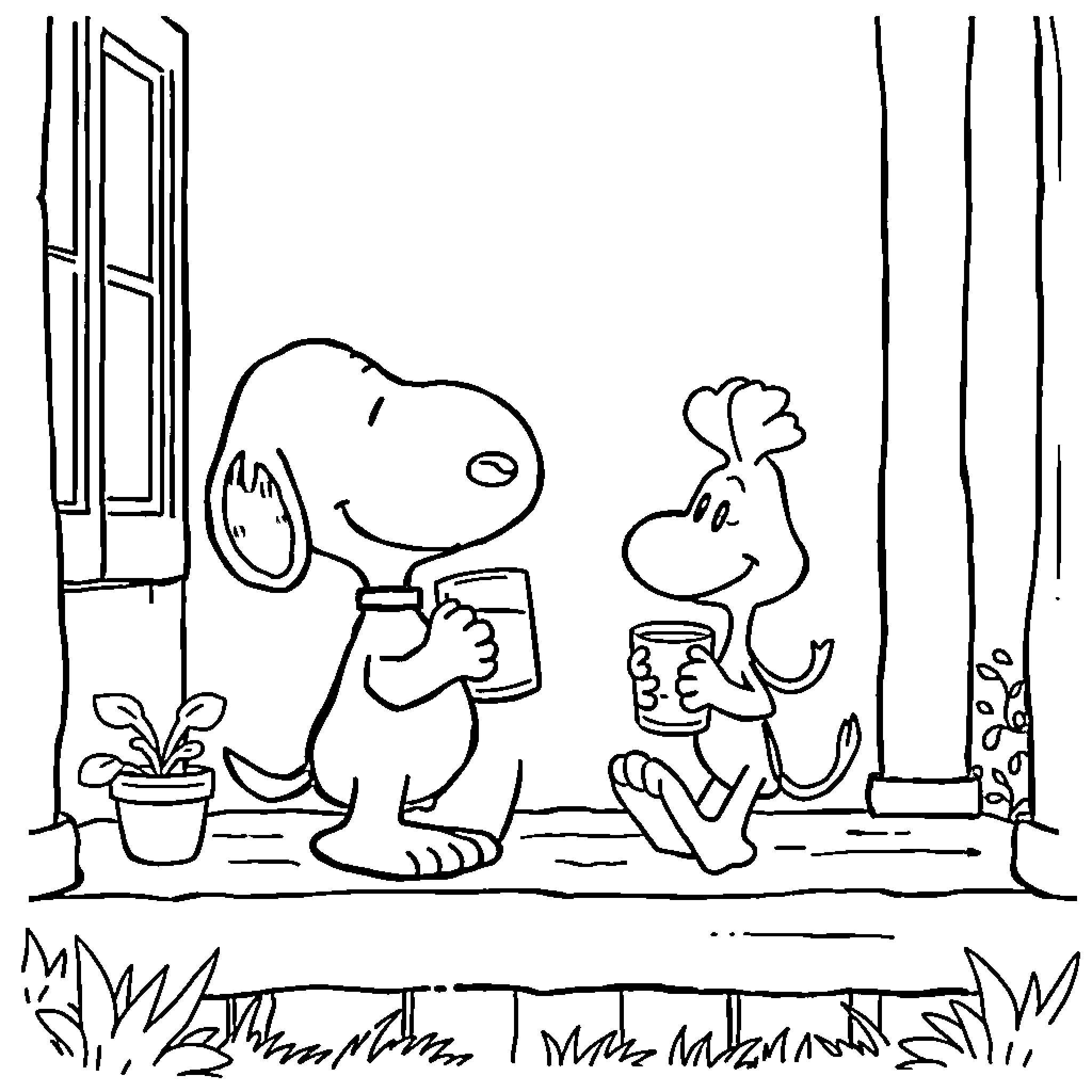 Snoopy and Woodstock enjoying a relaxing day Coloring Page (free black-and-white line drawing printable PDF for all, from beginners to advanced learners, including children, teens, adults, and seniors)