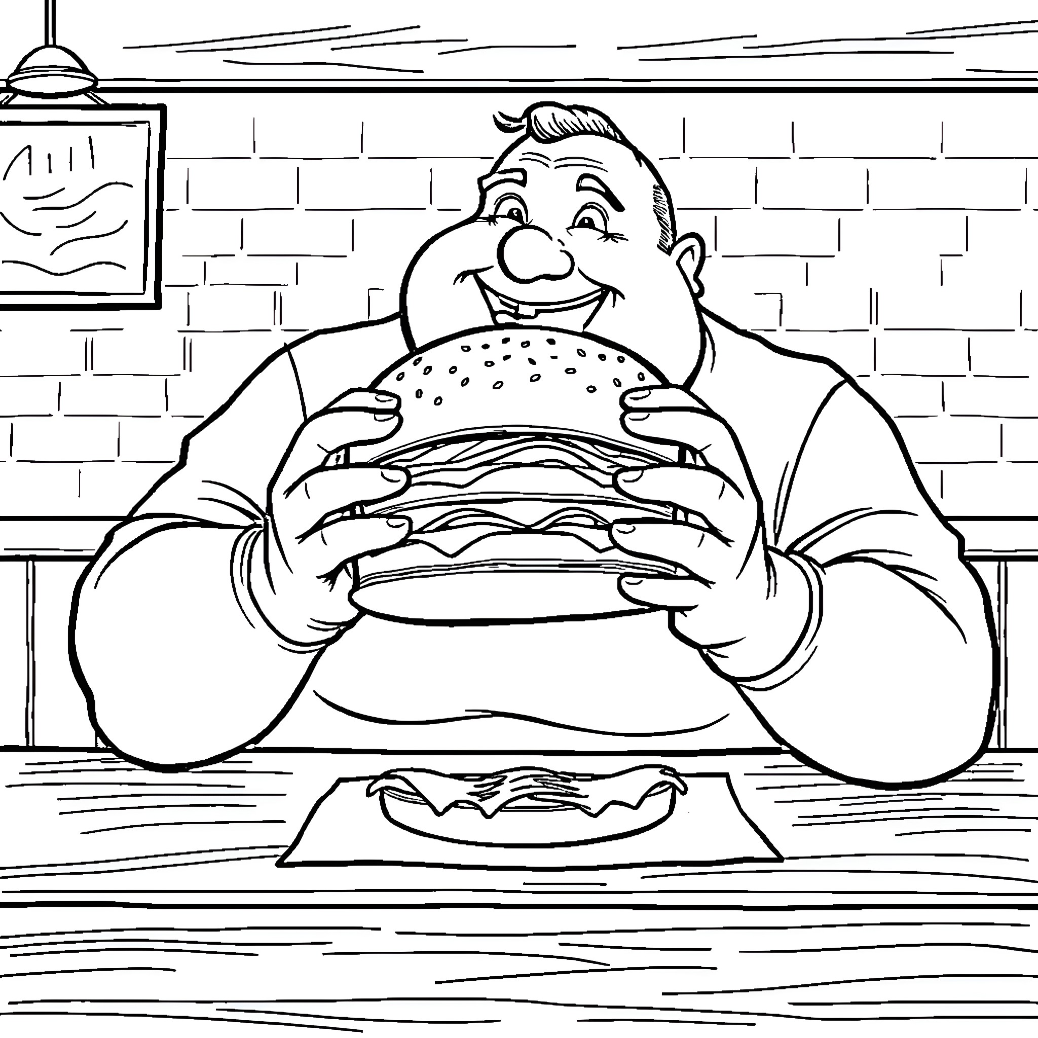 Man enjoying a large burger in a diner Coloring Page (free black-and-white line drawing printable PDF for all, from beginners to advanced learners, including children, teens, adults, and seniors)