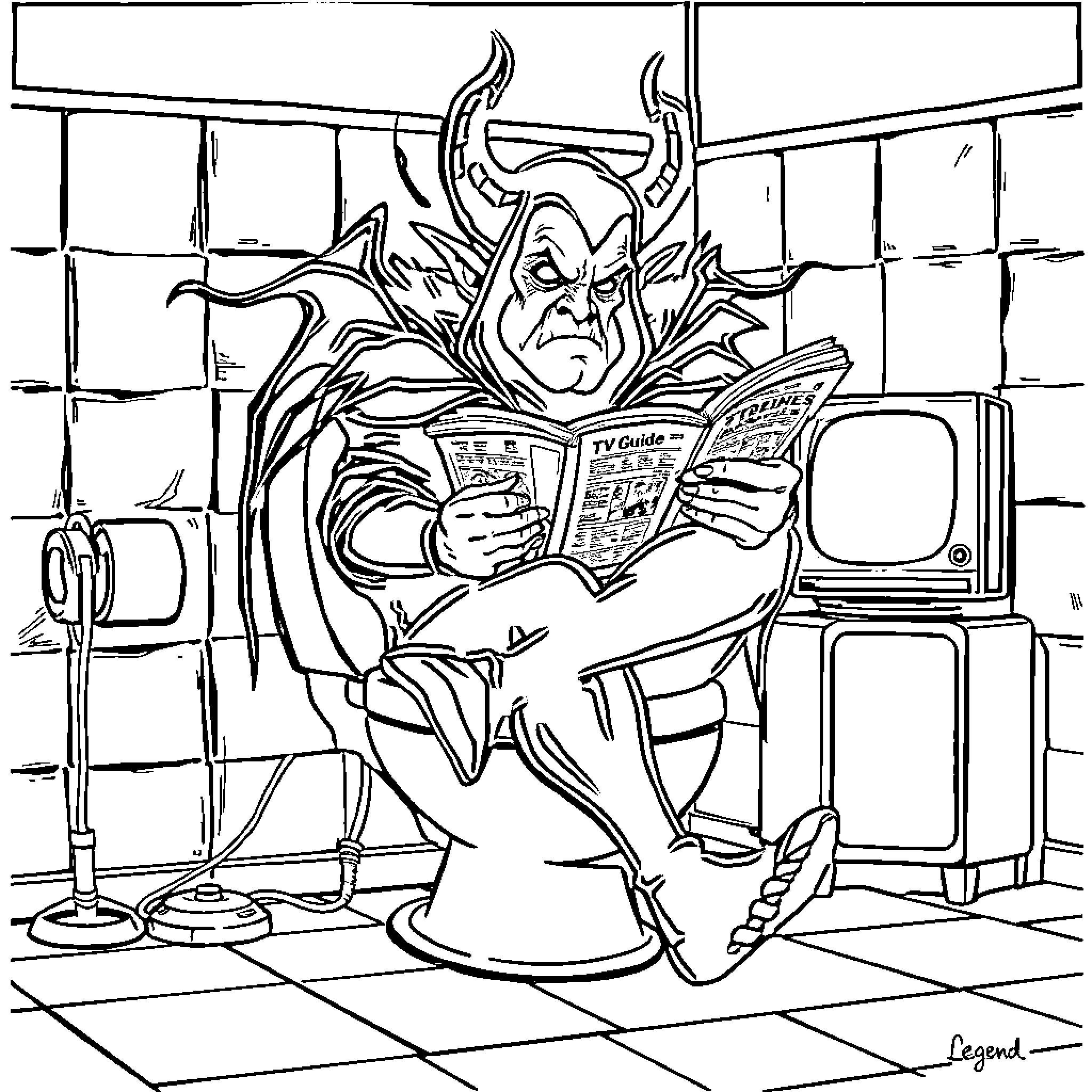 Lord of Darkness plotting his evil schemes Coloring Page (free black-and-white line drawing printable PDF for all, from beginners to advanced learners, including children, teens, adults, and seniors)