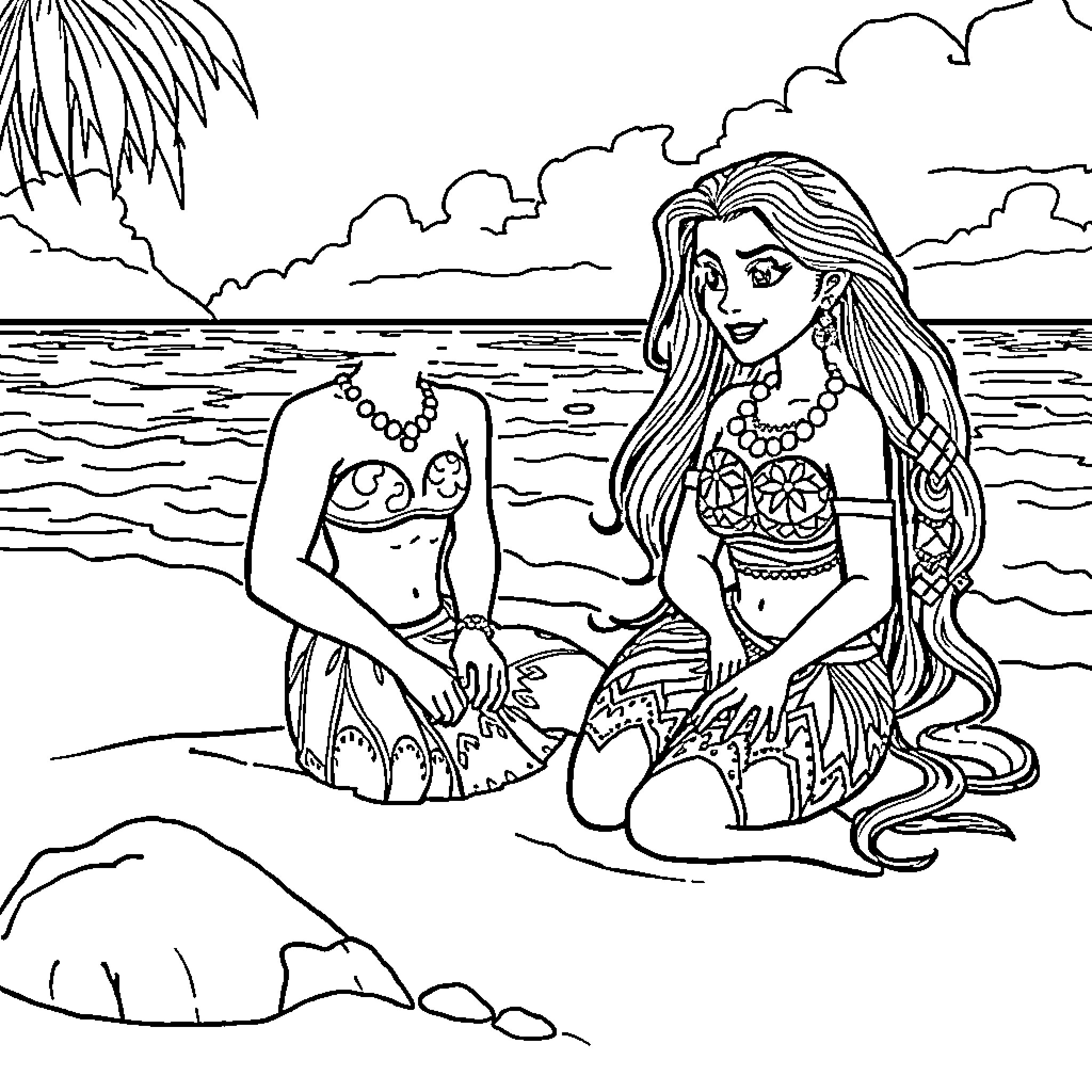 Matandi two women sitting on a tropical beach Coloring Page (free black-and-white line drawing printable PDF for all, from beginners to advanced learners, including children, teens, adults, and seniors)