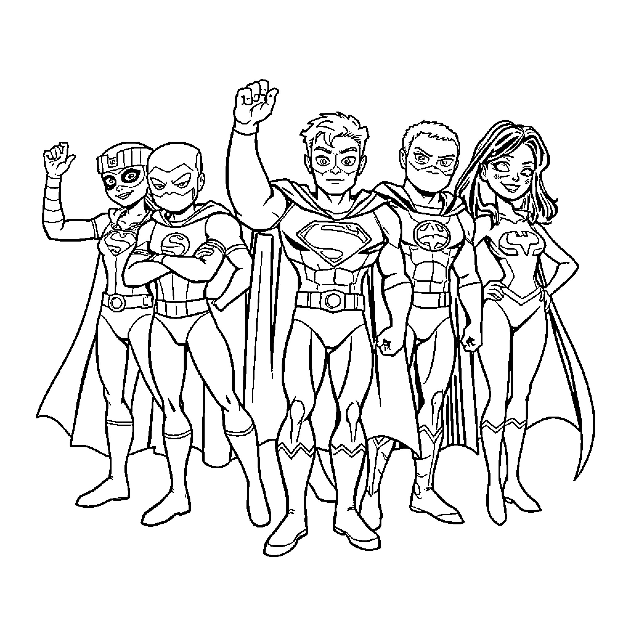 Superhero team striking heroic poses Coloring Page (free black-and-white line drawing printable PDF for all, from beginners to advanced learners, including children, teens, adults, and seniors)