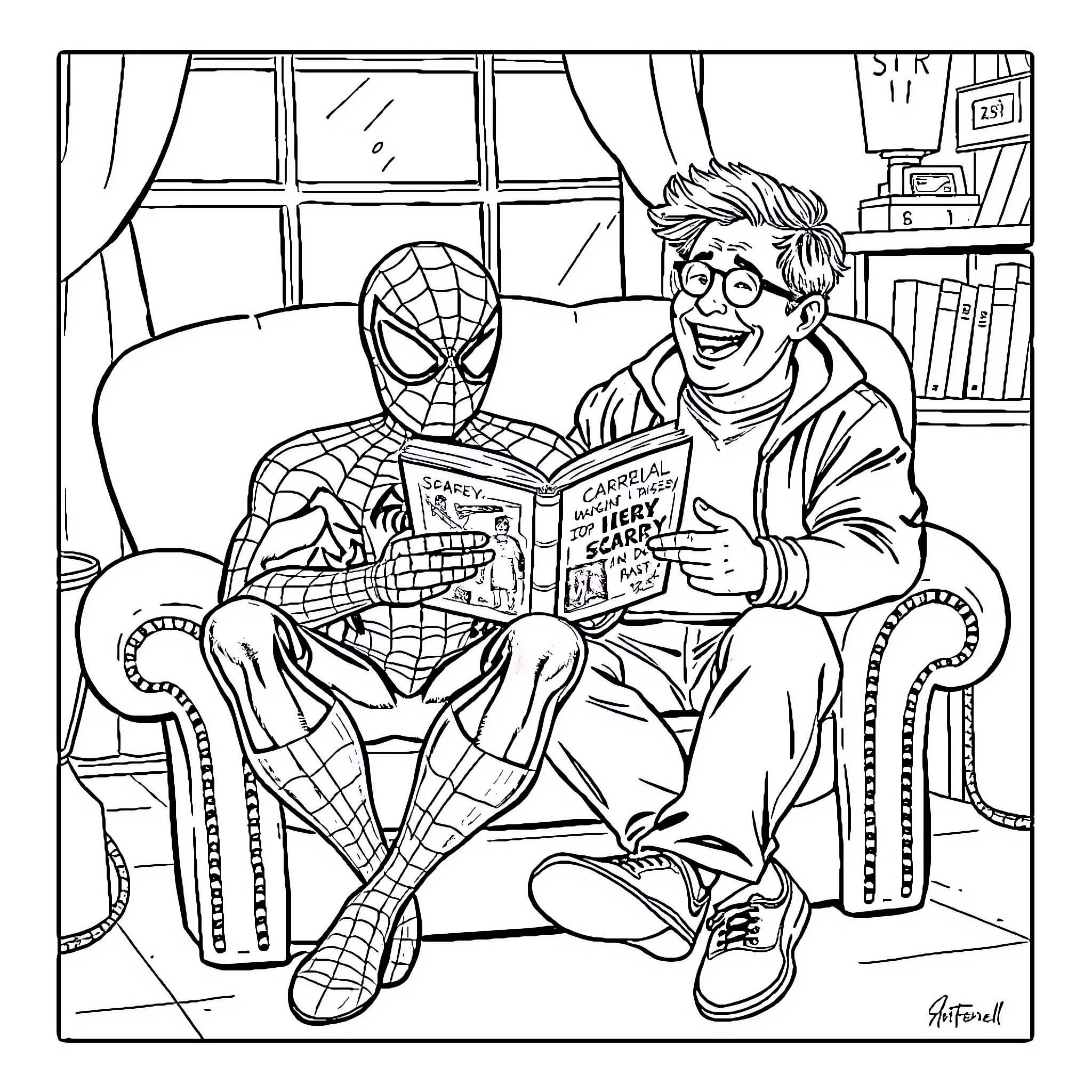 Spider-Man reading comic book with enthusiastic fan Coloring Page (free black-and-white line drawing printable PDF for all, from beginners to advanced learners, including children, teens, adults, and seniors)