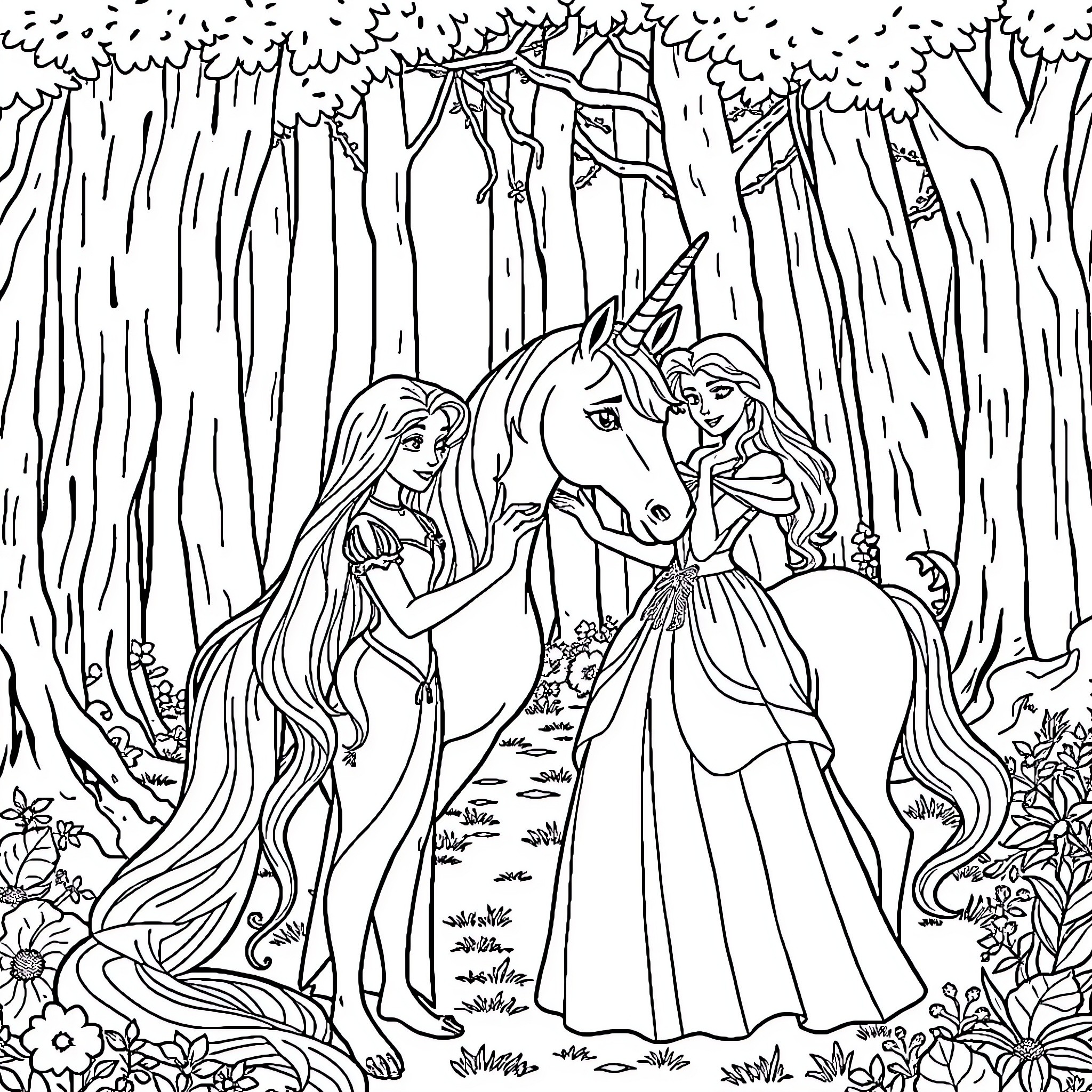 Unicorn and princesses on a magical forest adventure Coloring Page (free black-and-white line drawing printable PDF for all, from beginners to advanced learners, including children, teens, adults, and seniors)