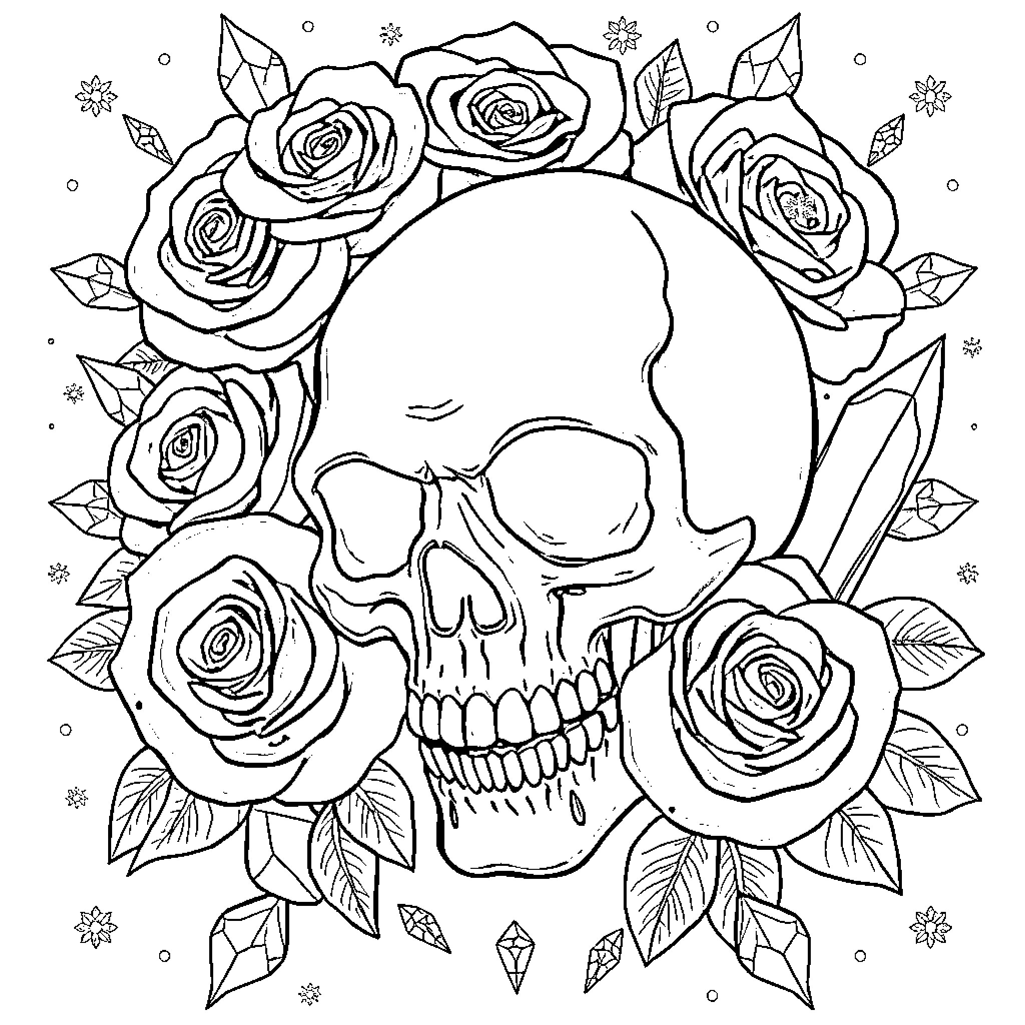 Skull surrounded by ornate floral elements Coloring Page (free black-and-white line drawing printable PDF for all, from beginners to advanced learners, including children, teens, adults, and seniors)