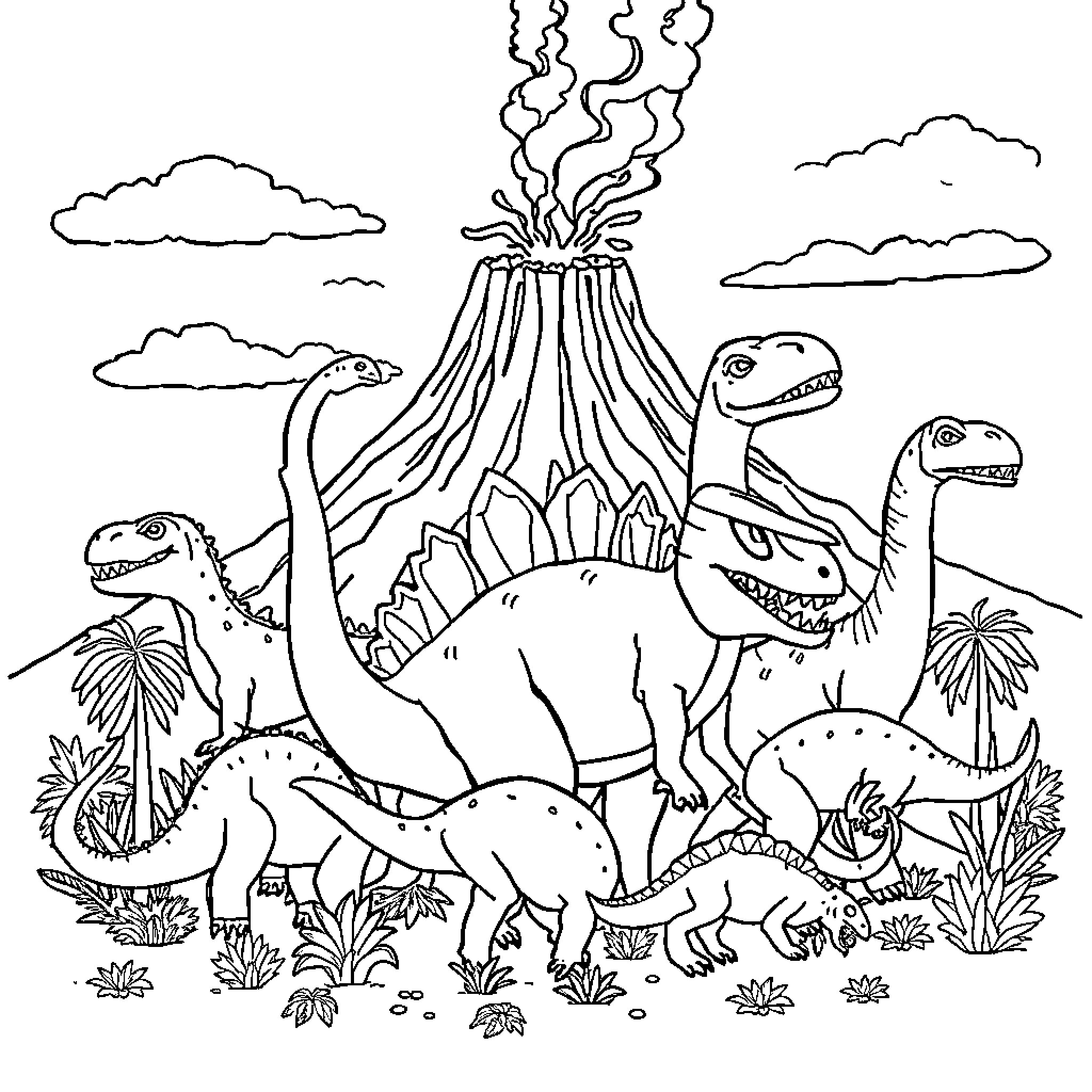 Dinosaurs exploring prehistoric landscape Coloring Page (free black-and-white line drawing printable PDF for all, from beginners to advanced learners, including children, teens, adults, and seniors)