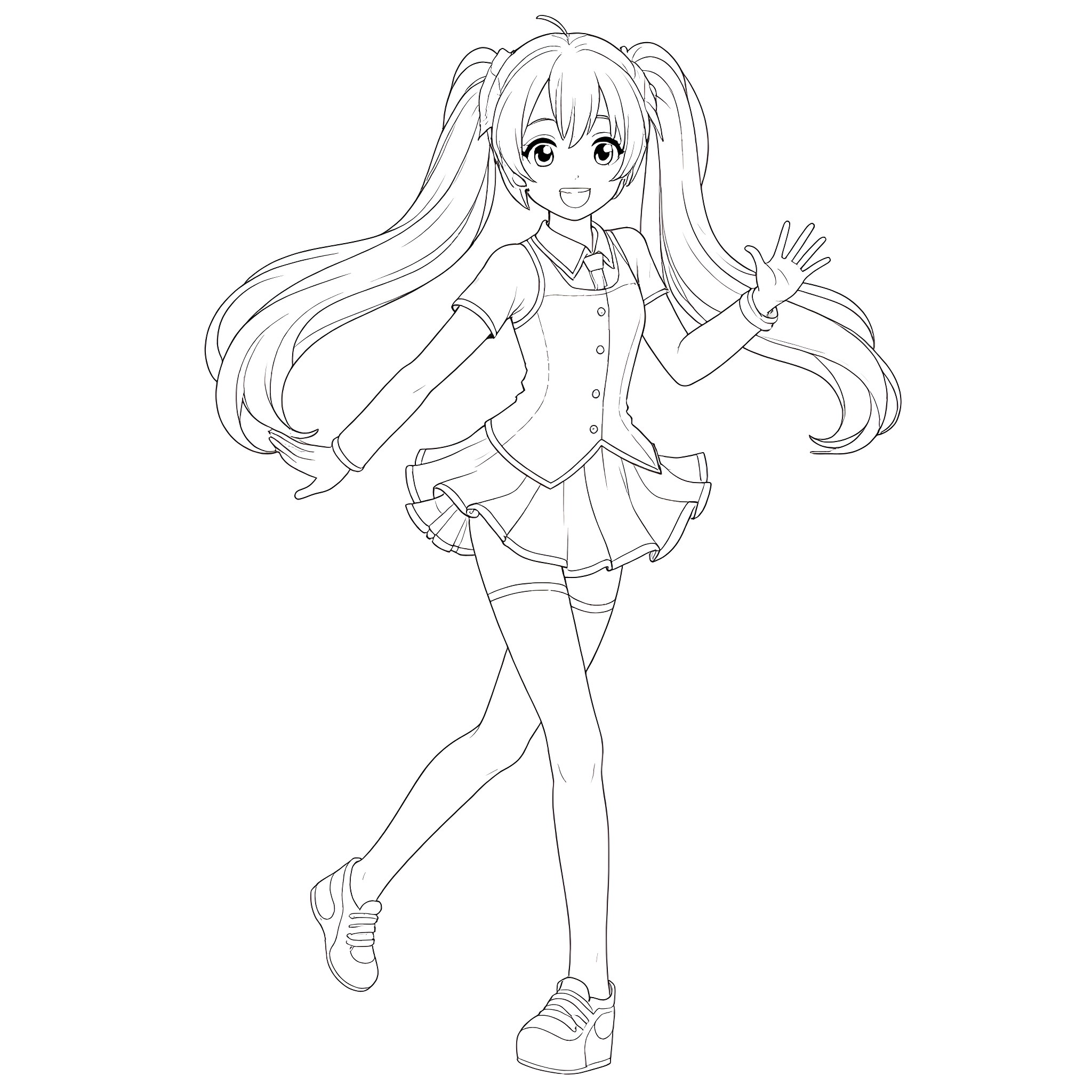 Hatsune Miku in a cheerful school uniform Coloring Page (free black-and-white line drawing printable PDF for all, from beginners to advanced learners, including children, teens, adults, and seniors)